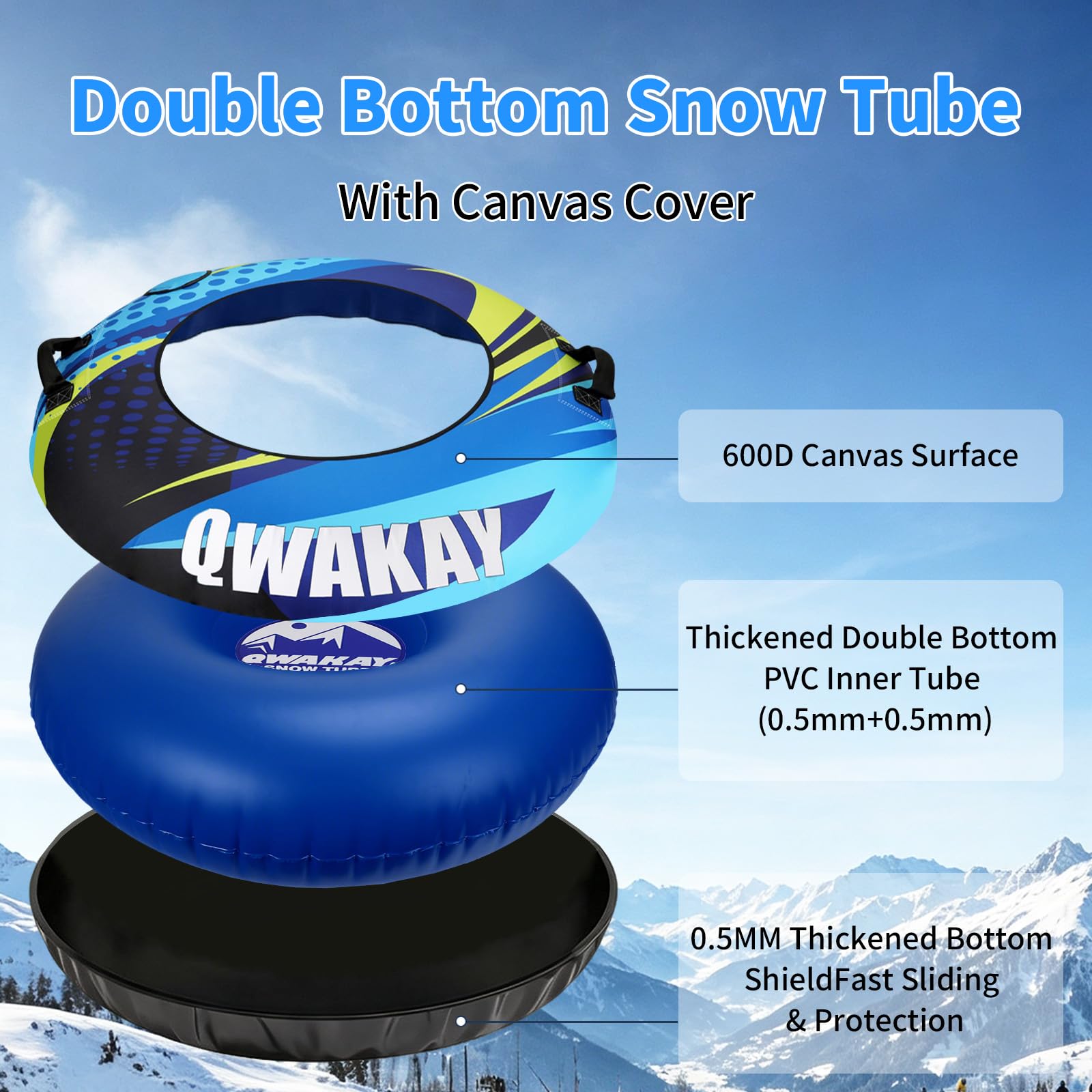 Tuyau à neige pour luge - Robuste - Pour enfants et adultes - 124 cm - Grande luge gonflable - Tubes à neige avec housse en toile - Fond épais - Tube intérieur