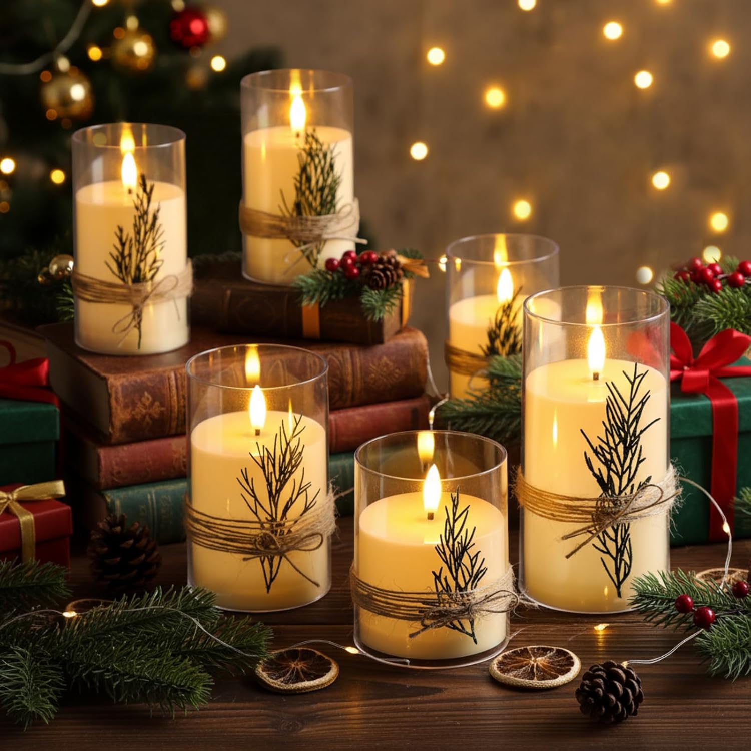 Mudder 6 Pcs LED Flickering Flameless Candles 3D Acrylic Pillar Votives Decorative Fake Candles Battery Operated(Battery Not Included) for Home Decor Christmas Wedding Holiday Centerpieces, 3 Size