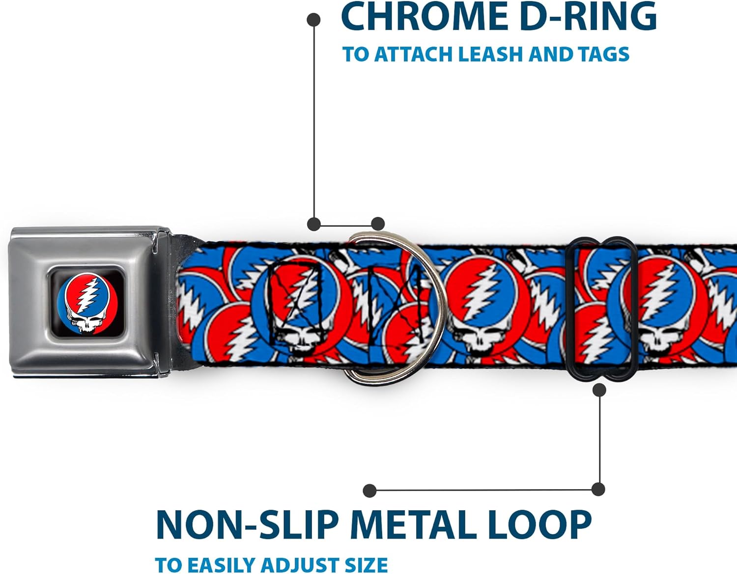 Grateful Dead Easy Adjustable Metal Seatbelt Buckle Quick Release Dog Collar, Steal Your Face Logo Stacked Red White Blue, 15 to 24 Inches 1.0 Inch Wide