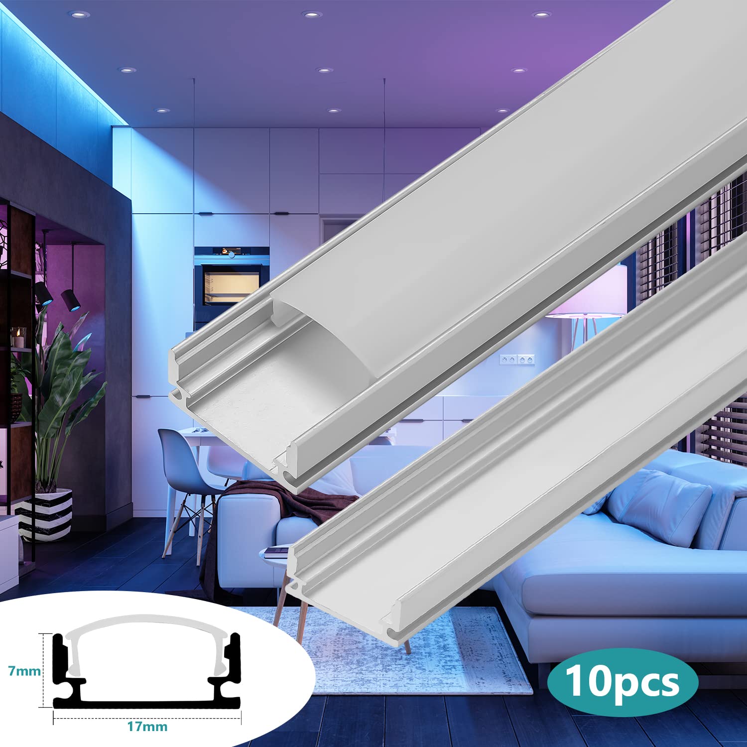 Profil aluminiowy LED, listwa LED, profil aluminiowy LED do taśm LED z białą mleczną osłoną, zaślepkami i klamrą montażową