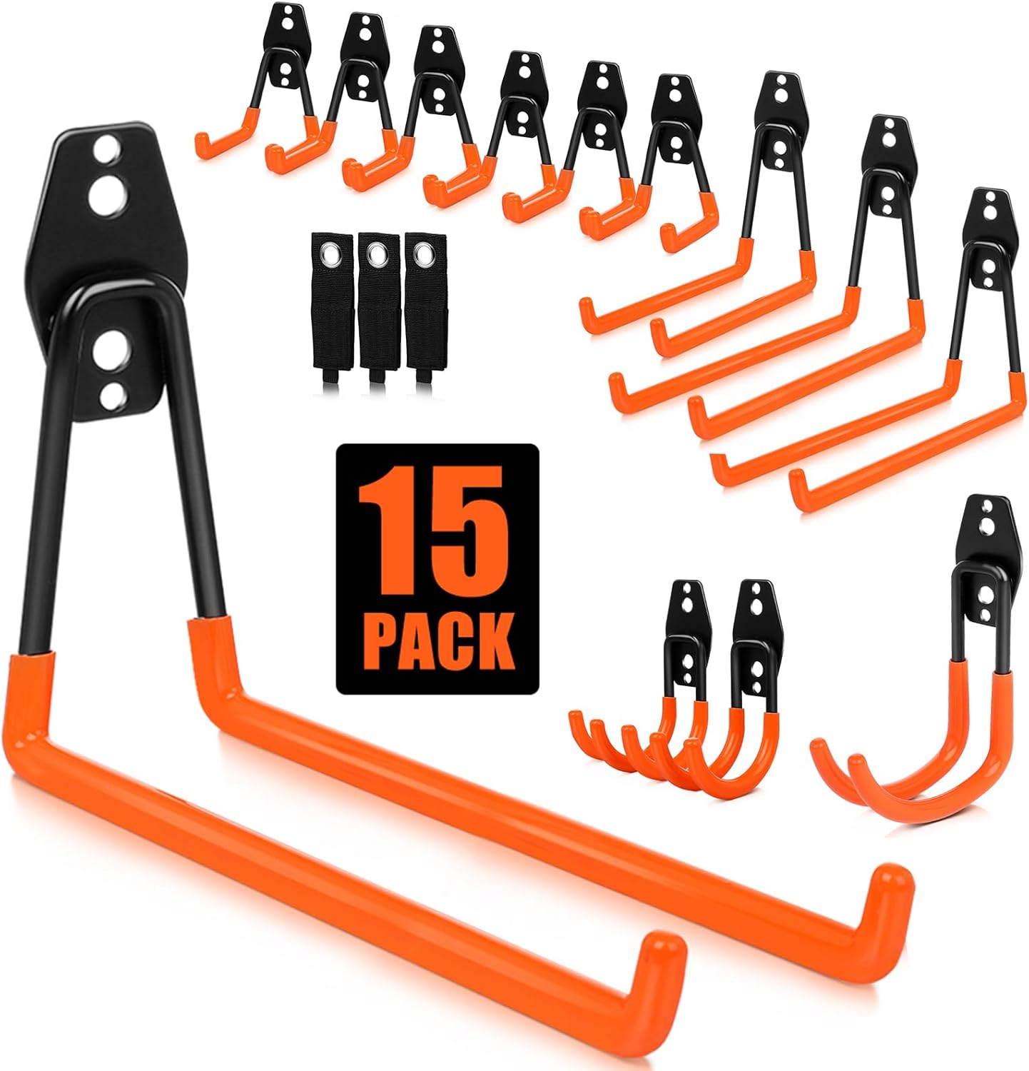 BSRHOME 15 Pack Heavy Duty Garage Hooks with 3 Straps for Hanging Cords