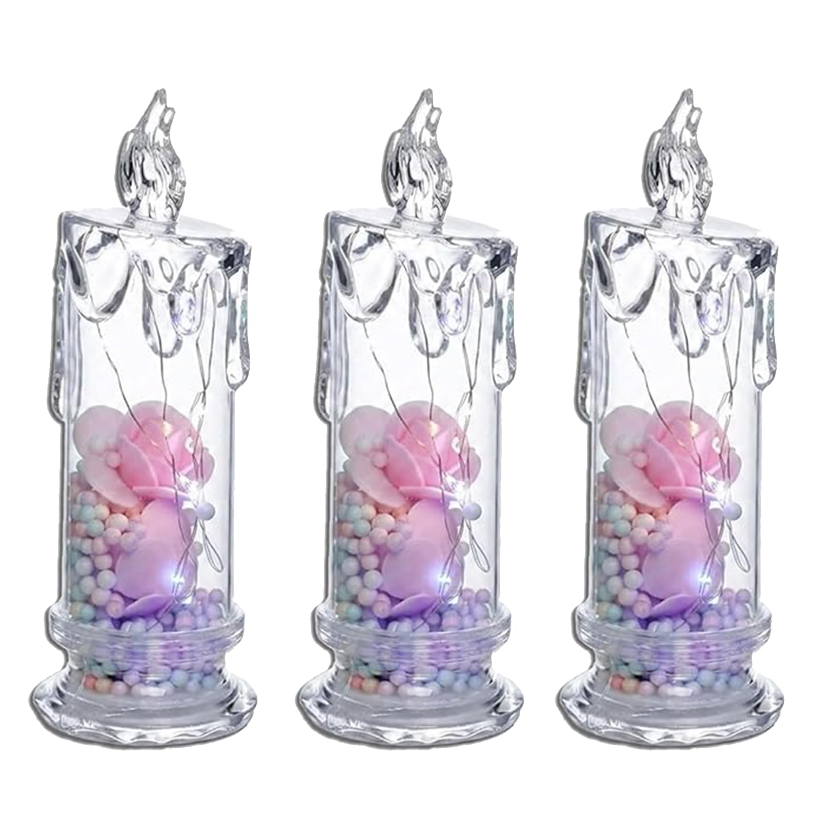 Miepkvl 3Pcs Realistic Rose Candle Lights Battery-Powered LED Crystal Candle Lights, Romantic Flameless Pillar Candle Lights with Rose Shadow for Wedding Anniversary Decoration (Pink)