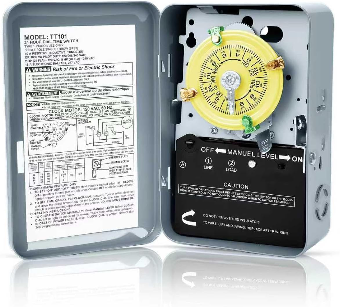 T101 Mechanical Timer Switch,120V 40A SPST,2HP for Outdoor Light Timer, Water Heater, HVAC & Pool Pump – 12 ON/Off Cycles, Switch T101 for Light Lighting Water Heater Fan and HVAC Systems