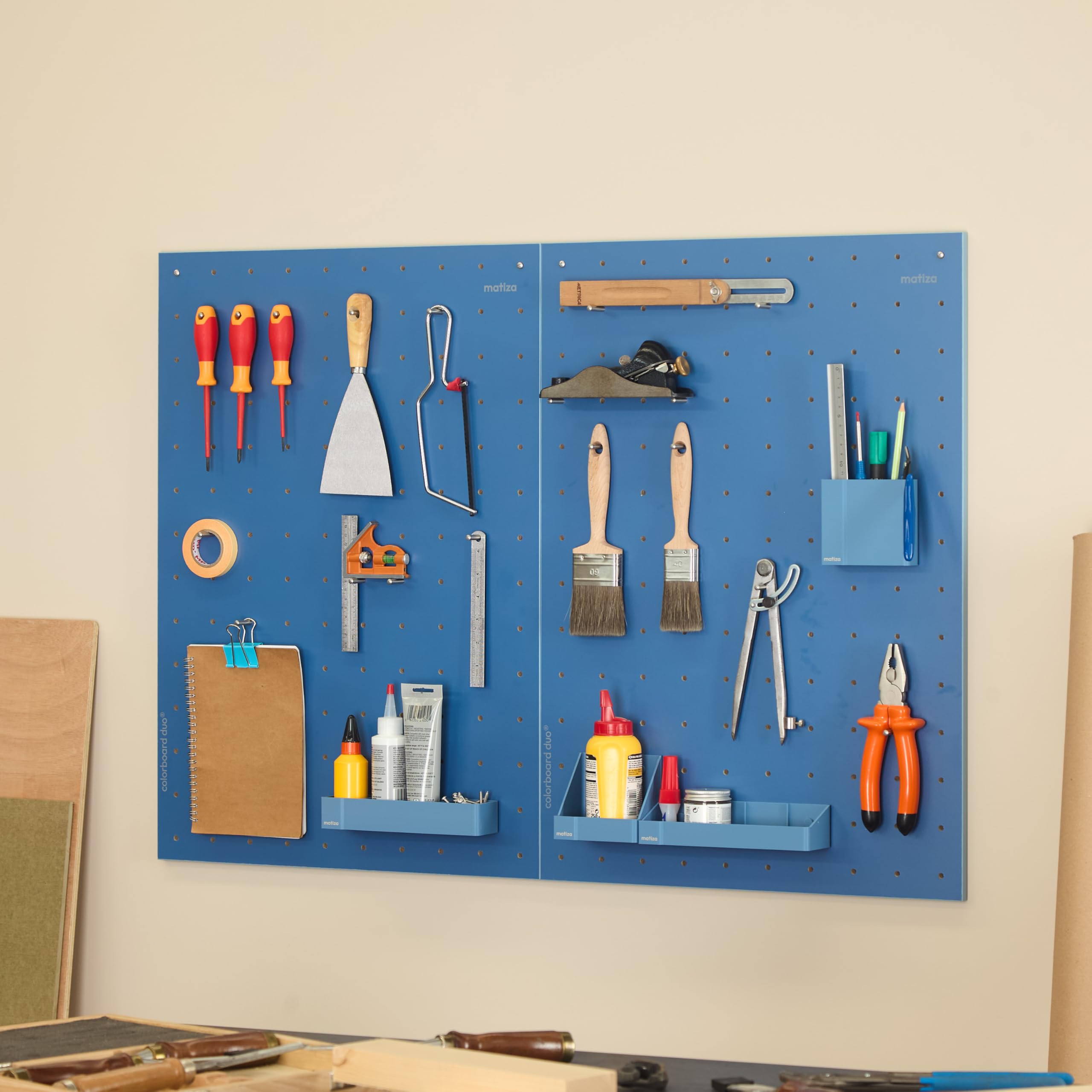 Perforated Wall Board, pegboard, Desk Organizer, Tool Panel, Perforated Panel, Matiza (50 cm x 70 cm, Lavender, Biscuit, Blue, Yellow) - with Boxes Accessories Basic Kit (Yellow)