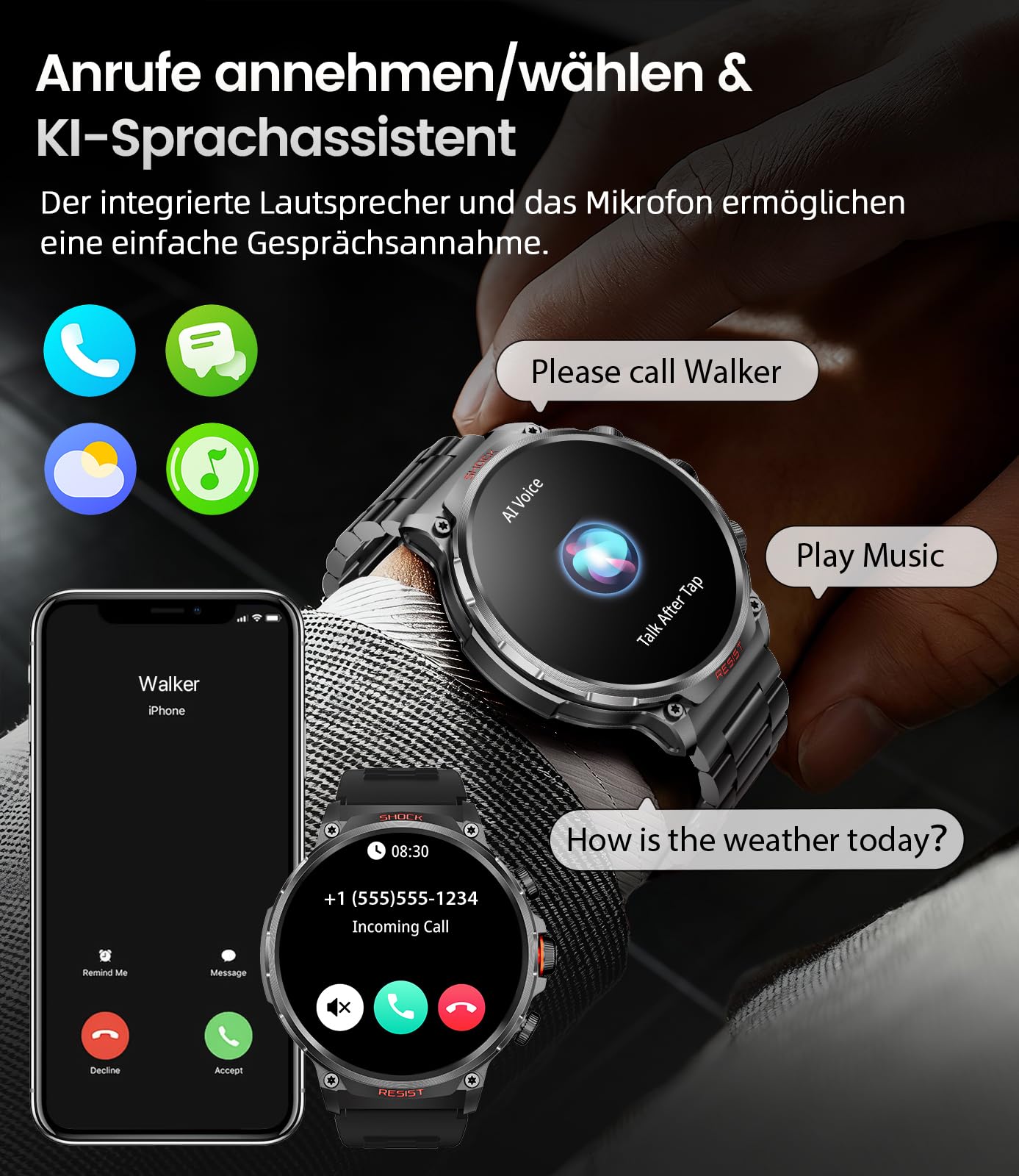 WalkerFit Smartwatch Uomo Militare 1,85", Batteria 710mAh, Orologio Smart con Chiamate & Monitoraggio Sonno, 100+ Modalità Sport, Orologio Fitness Impermeabile per Android iOS (Nero)