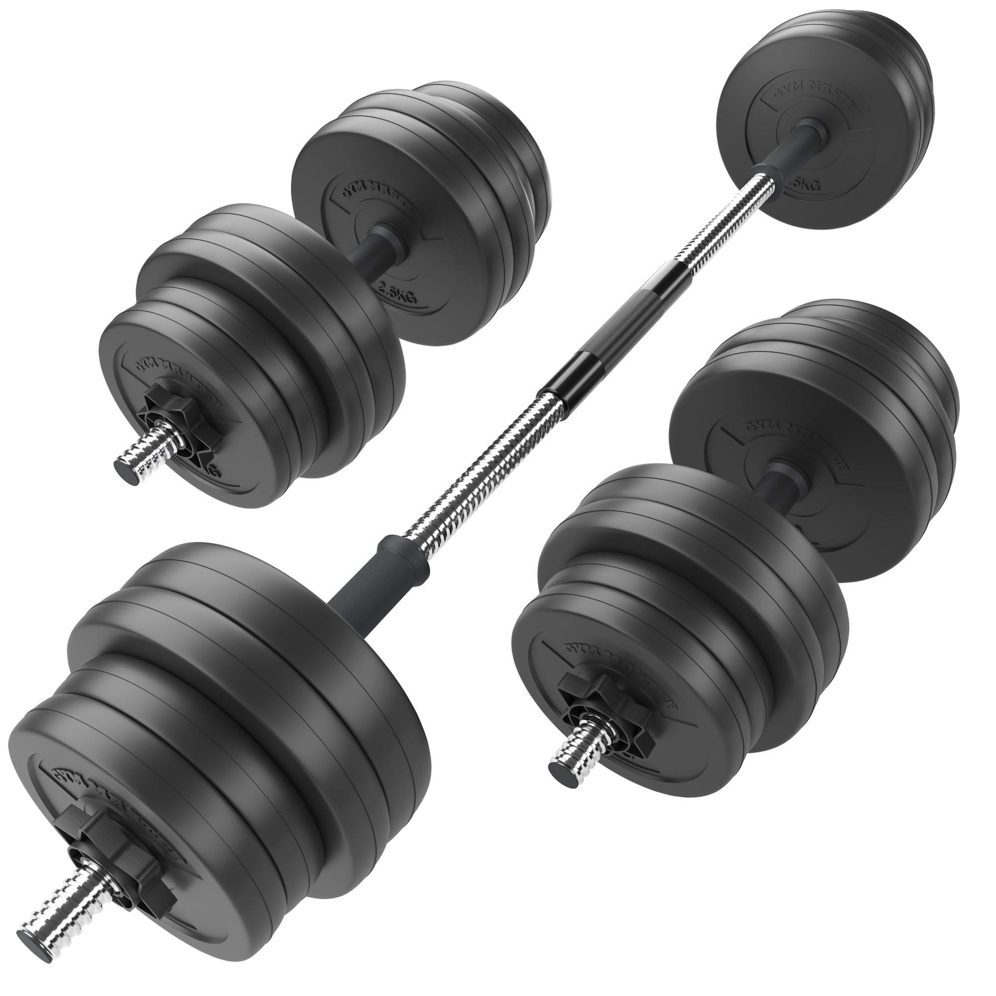 GYM MASTER 30kg Adjustable Dumbbell Barbell Weight Set with Chrome Sleeves and Bar Joiner Included