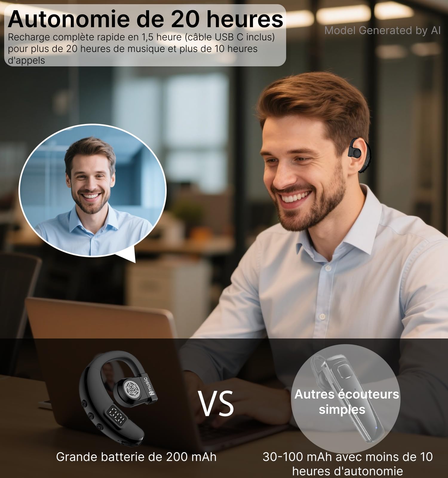 Hmusic Auricolare Bluetooth Singolo V5.4, Rotazione 180°, per Orecchio sinistro e destro, IPX5 Impermeabile, 20 Ore di Autonomia con microfono ENC, per guida, lavoro e sport (nero)