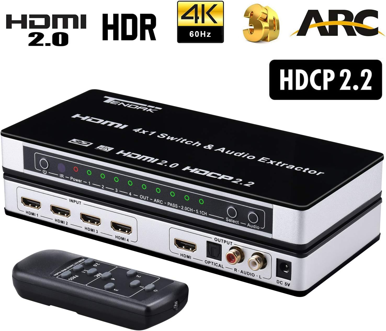 4K HDMI Switch, Tendak 4 Port HDMI 2.0 Switch Box 4x1 HDMI Switcher + Optical Toslink L/R Audio Extractor with IR Remote Support Ultra HD 4K@60Hz HDCP 2.2 ARC 3D for PS4, Xbox One, Blu-ray DVD
