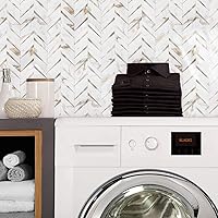 Vista 5 de STICKGOO 10 hojas de azulejos en espiga para despegar y pegar, mármol Calacatta mezclado con PVC dorado claro para salpicaderos, azulejos de pared
