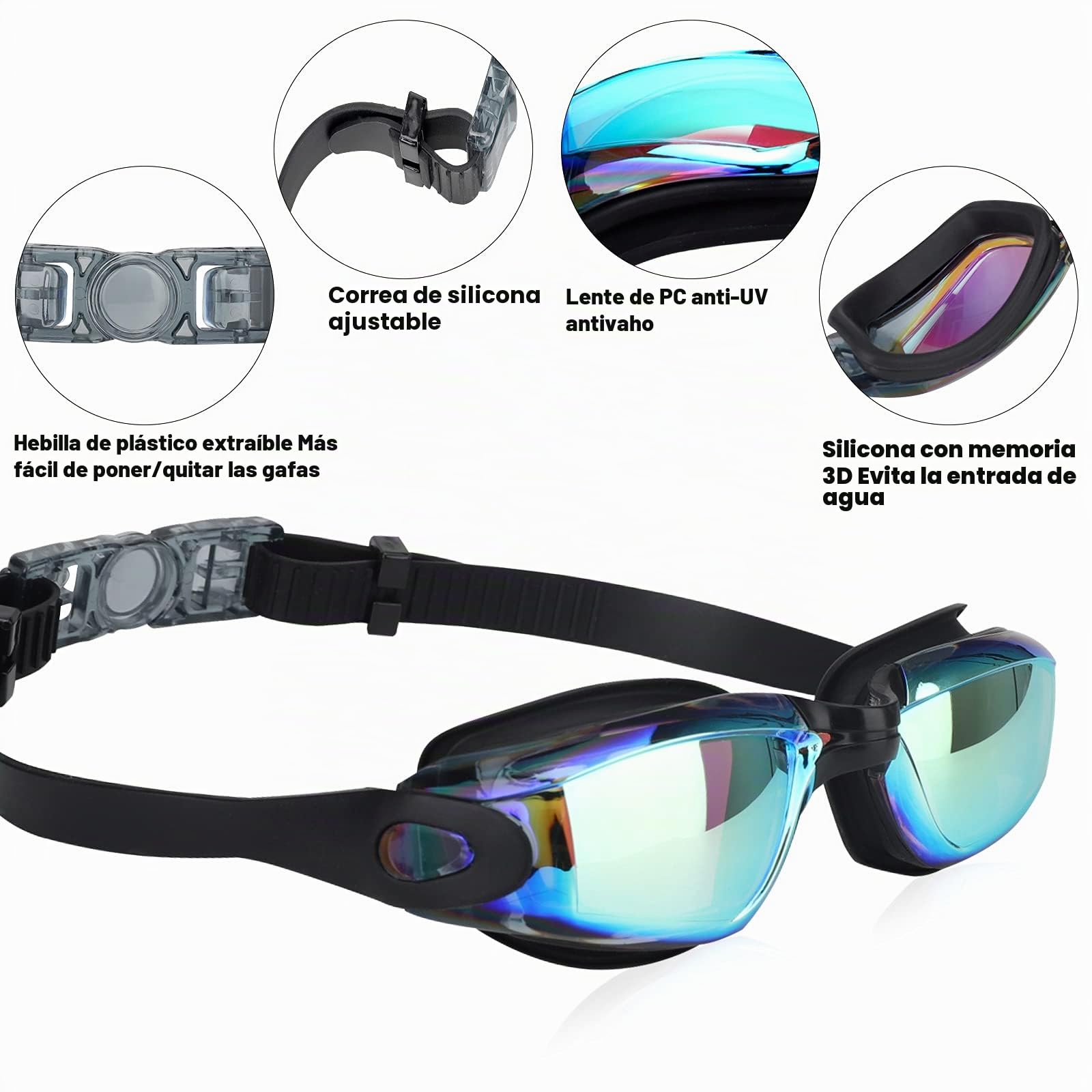 Gafas de Natación Unisex Adultos UV Protegido Espejo Gran Angular 180° Antivaho Buceo con Estuche