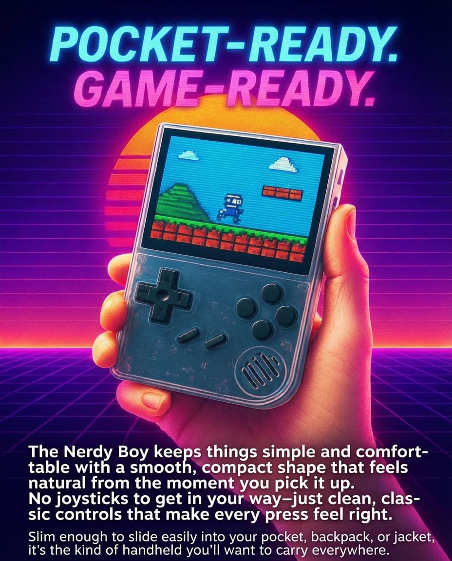 Nerdy Boy Retro Handheld Game Console – 3.5” IPS Screen, 64GB, Portable Emulator System with 12 Classic Platforms, 2000mAh Battery, AV Out – Retro Gaming Device (Atomic Purple)