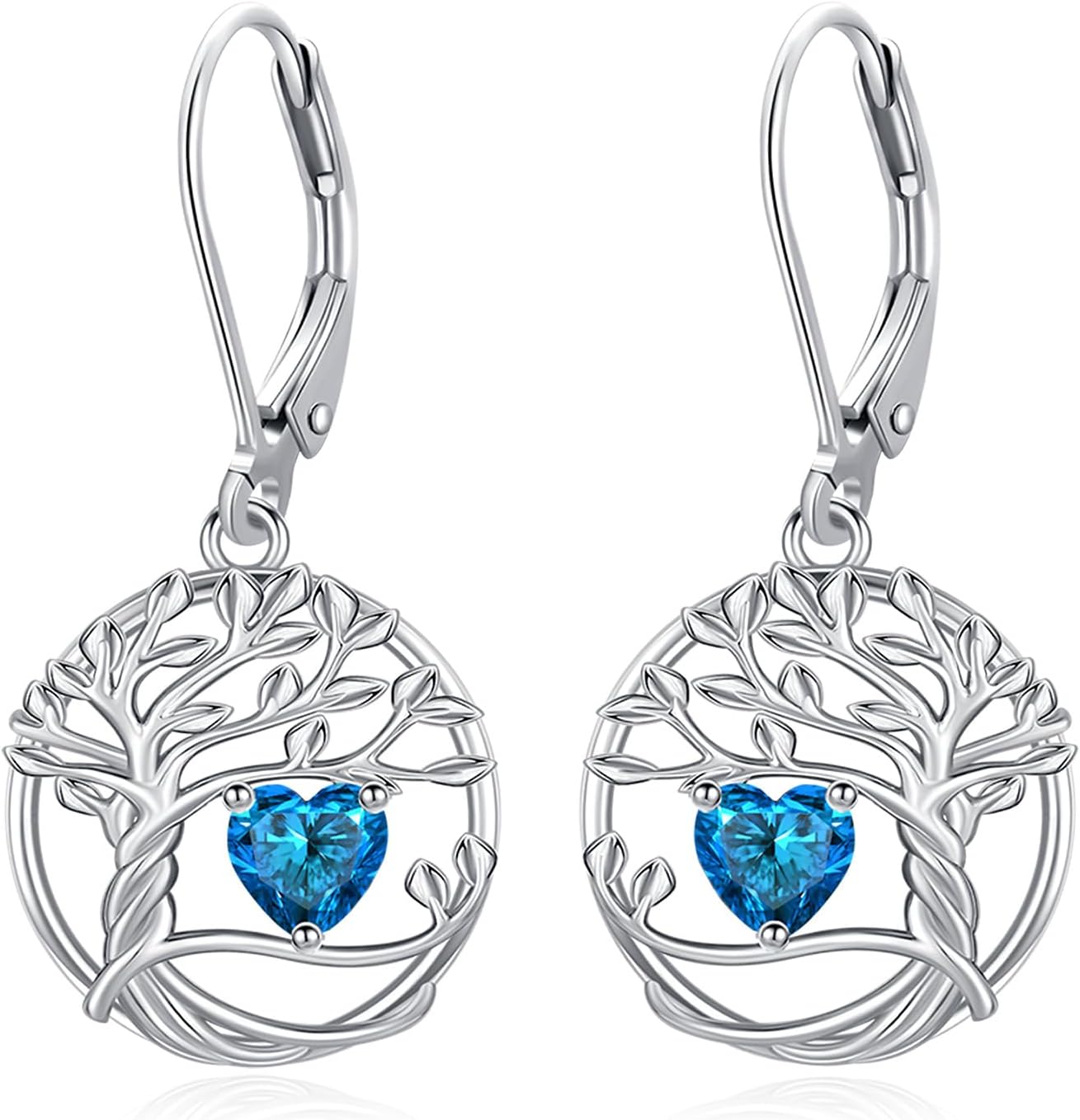 Eusense 925 Sterling Silver Tree of Life Birthstone Earrings Heart Dangle Drop Earrings Christmas Jewelry Gifts for Women