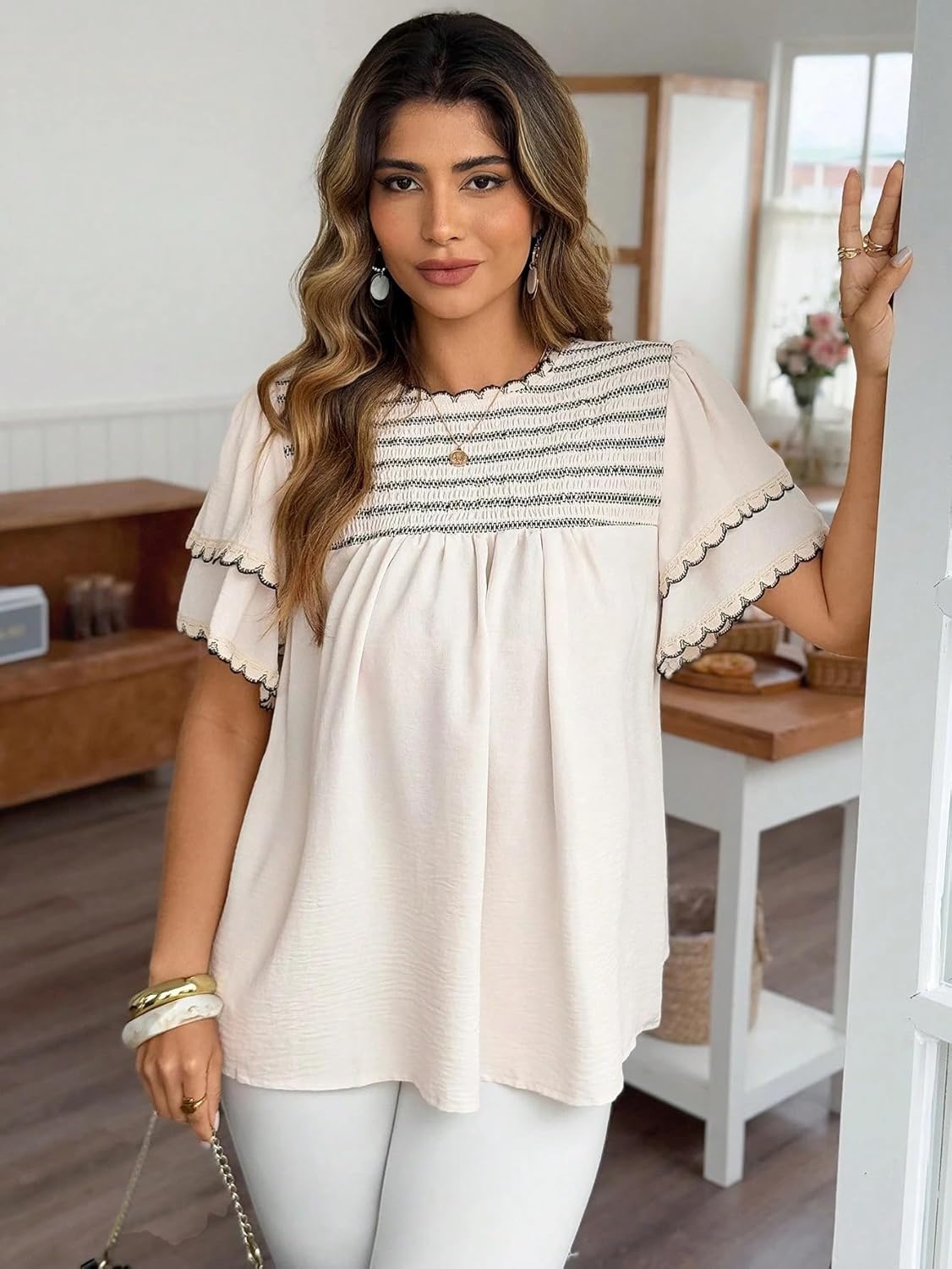 Boho Tops for Women Fashion Clothing Women Blouses Flowy Shirts Butterfly Sleeve Tunic Crew Neck T Shirts - Image 2
