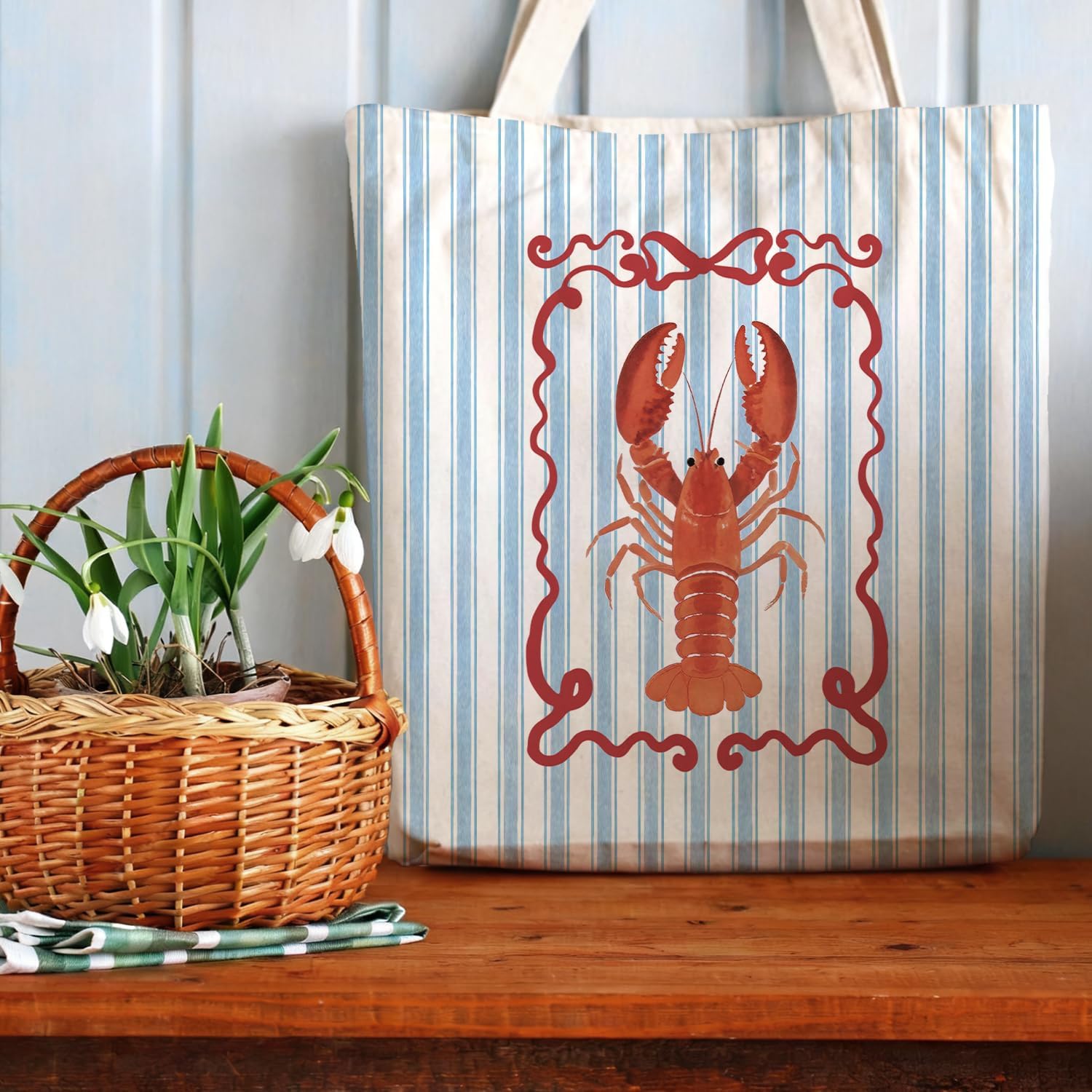 Coastal Beach Red Lobster Tote Bag for Women,Lobster Lover Gifts,Crawfish Nautical Canvas Tote Bag for Girls,Blue Striped Aesthetic Reusable Shopping Grocery Bags Party Favors - Image 3