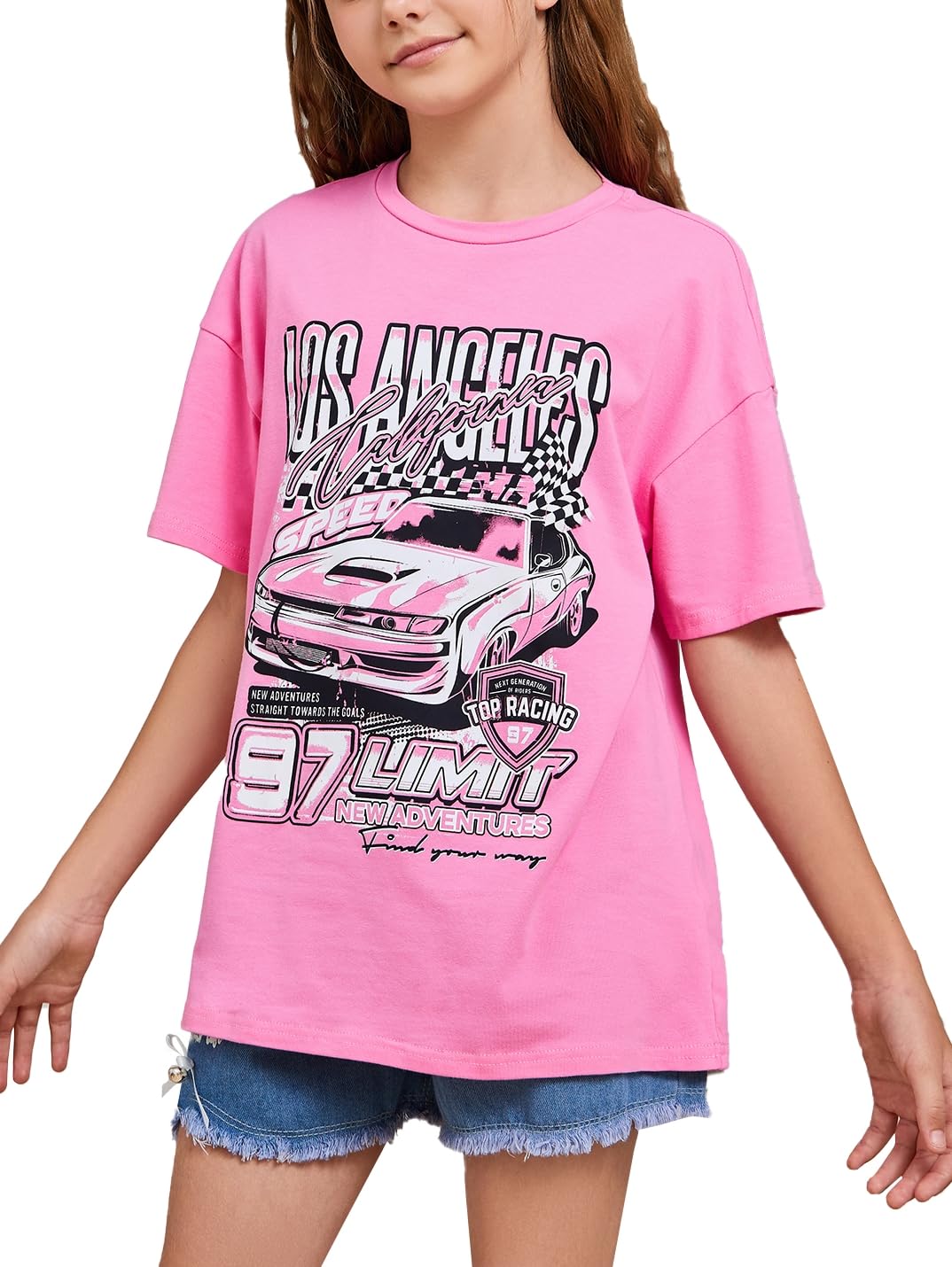 WDIRARAGirl's Car Letter Graphic Print Round Neck Short Sleeve Tee Summer Casual T Shirt