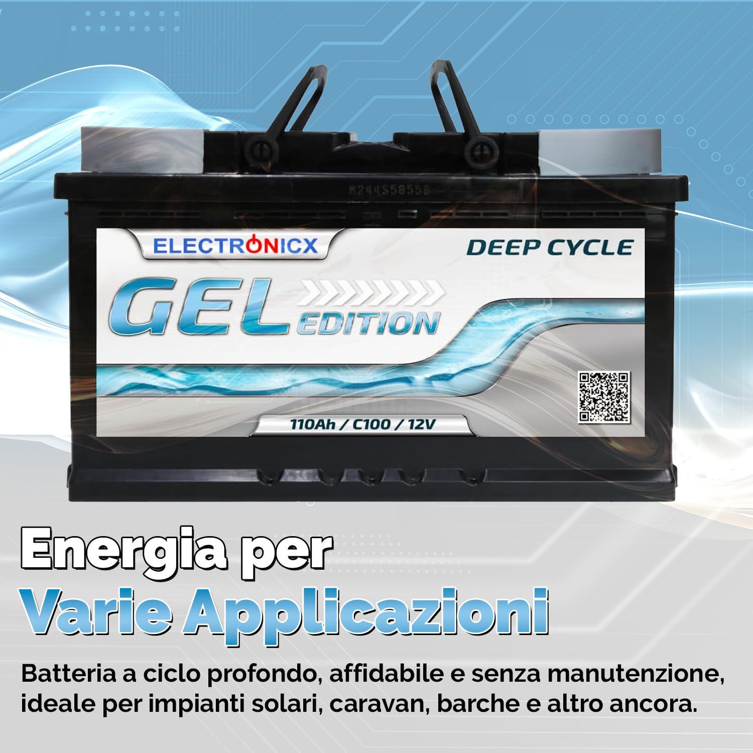 Electronicx Batteria di alimentazione GEL 12V 110Ah – Batteria GEL Deep Cycle 110 AH per camper, van, barca e impianto solare. Dimensioni: 315×175×190mm, riempita e carica, polo positivo a destra