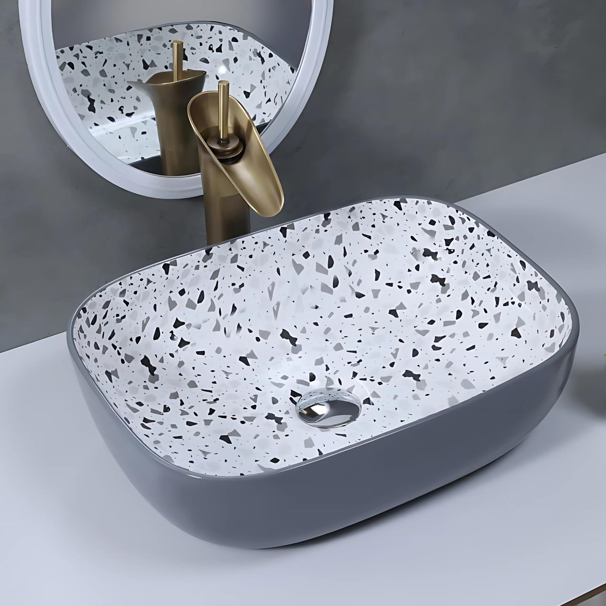 SEA SHORE Premium Designer Ceramic Table Top Wash Basin – Slim Rim Vessel Sink for Bathroom & Living Room (18 x 13 x 5.5 Inch, Grey & Textured White)