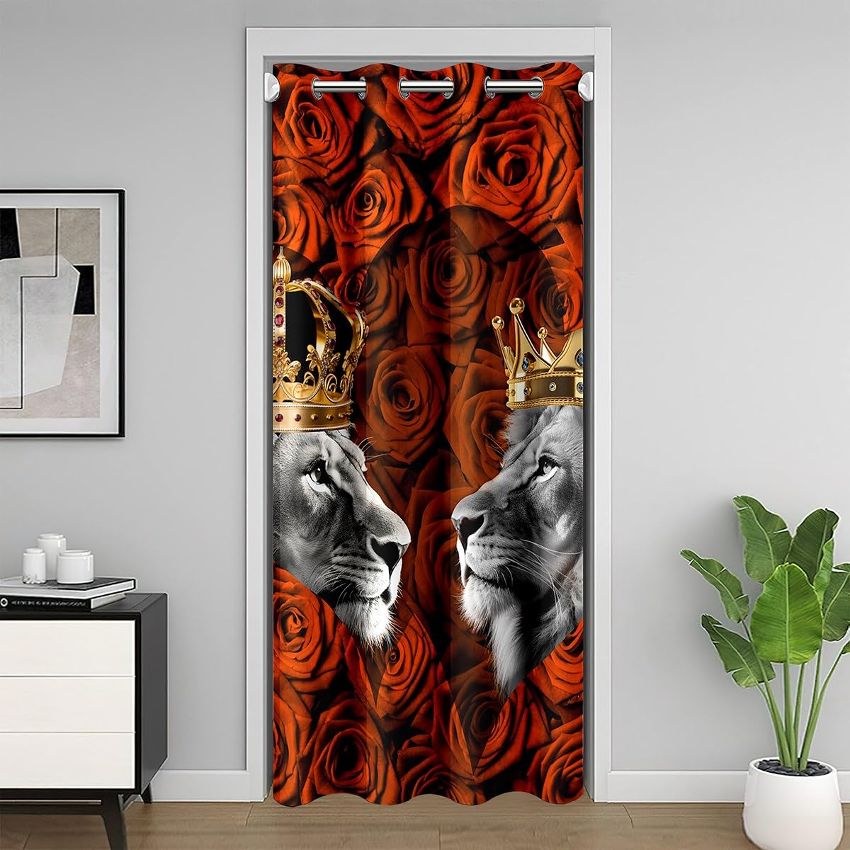 richhome Retro Orange Rose Door Curtain60 W X80 L Gray Lion Couple Wild Animals Doorway Curtain Privacy For Kids Teens Adults Hearts Decor Romantic Floral Decor Drape For Bedroom Doors Windows — image 1