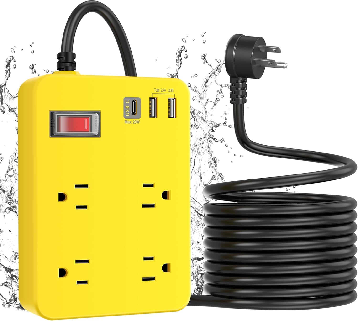 Outdoor Power Strip Weatherproof,Fast Charging Station 20W USB C,Waterproof Surge Protector 4 Outlets, Multi Outlet Extension for Camping, Garden, Kitchen,Bathroom,Flat Plug (Yellow, 6 FT Cable)