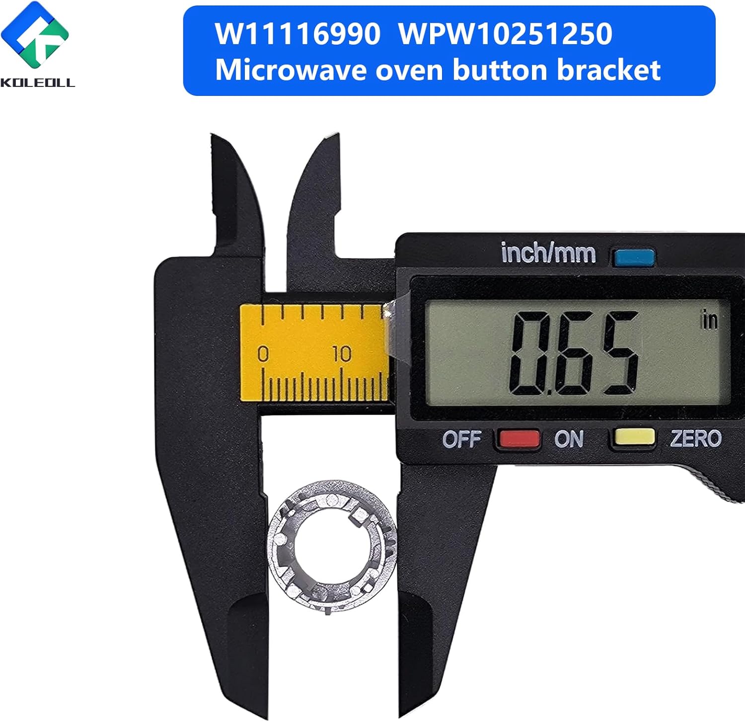 A digital caliper measuring the diameter of a W11116990 button holder, showing a measurement of 0.65 inches.
