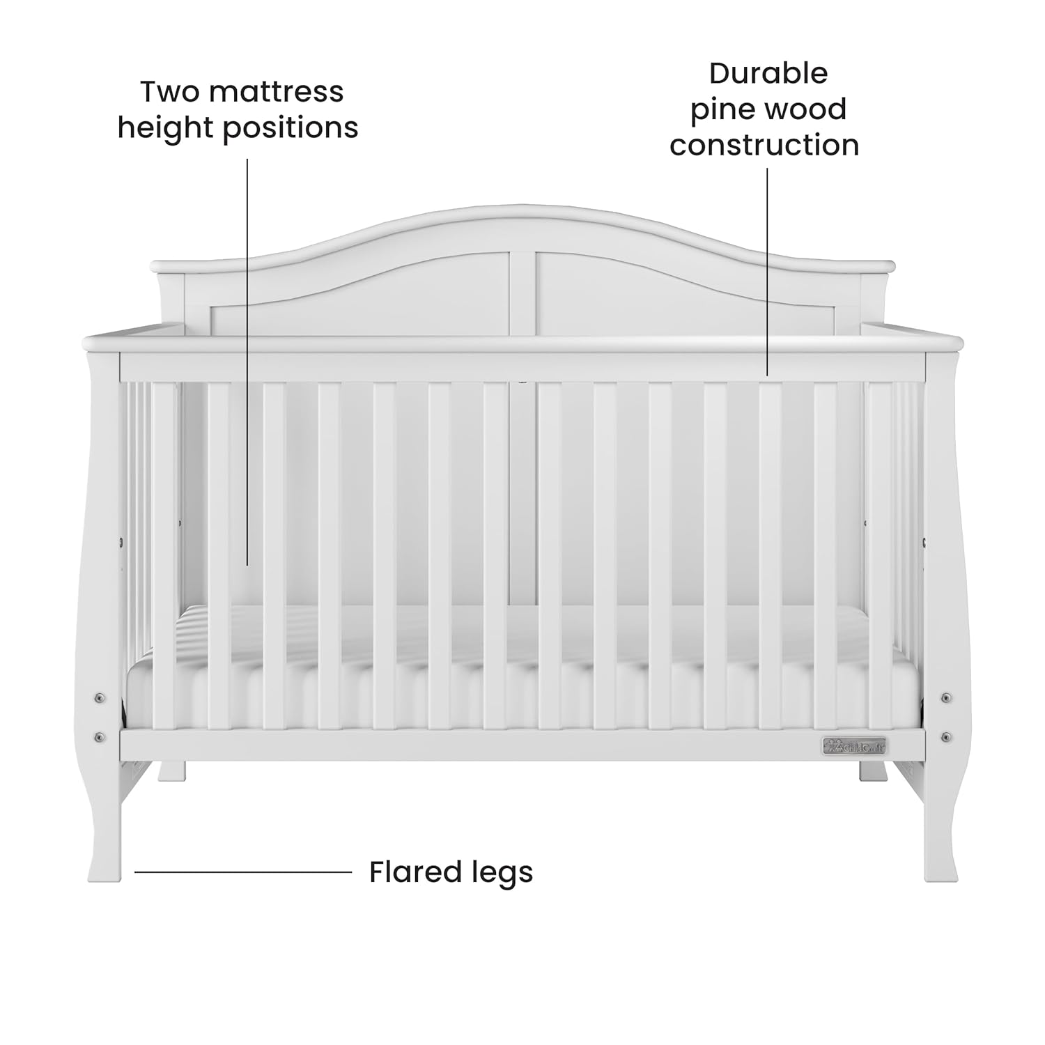 Diagram highlighting two mattress height positions and durable pine wood construction of the crib.
