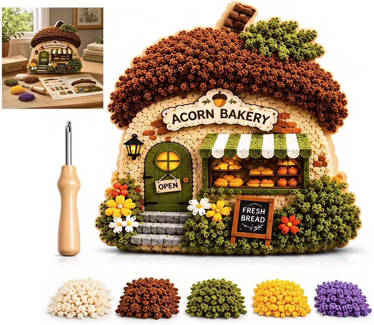 Whimsical Village 3D Fabric Poke Art Kit, Floral Mushroom Cottage,Creative Craft Set,Home Decor Craft Holiday Gift, DIY Handmade Hobby Gift for Adult Beginners，Acorn Bakery