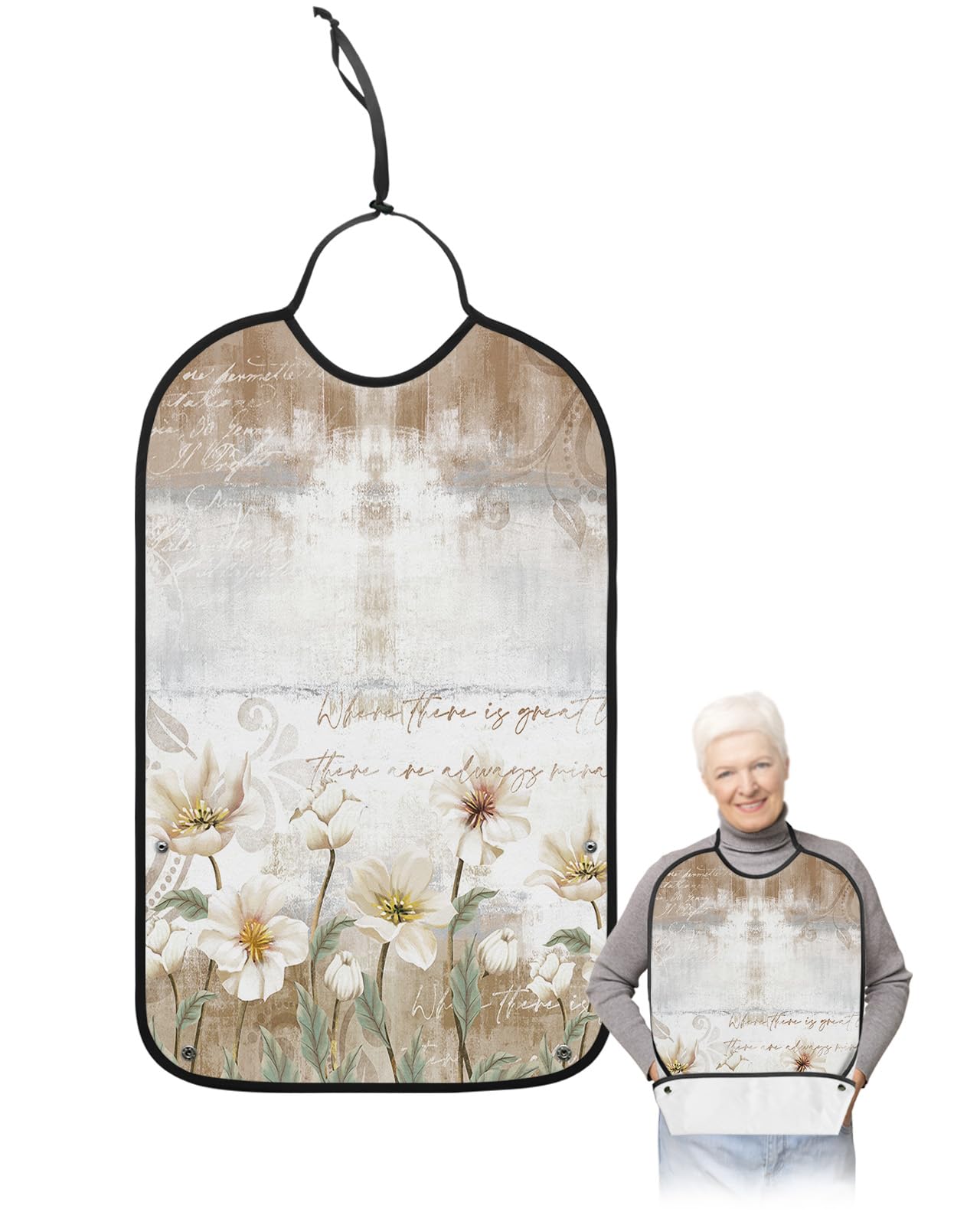 Farmhouse Floral Adult Bib for Eating with Crumb Catcher,Washable & Waterproof Terry Cloth Adjustable Elderly Women Men Adult Bibs Funny Apron Clothing Protector Vintage Elegant White Flowers Leaves