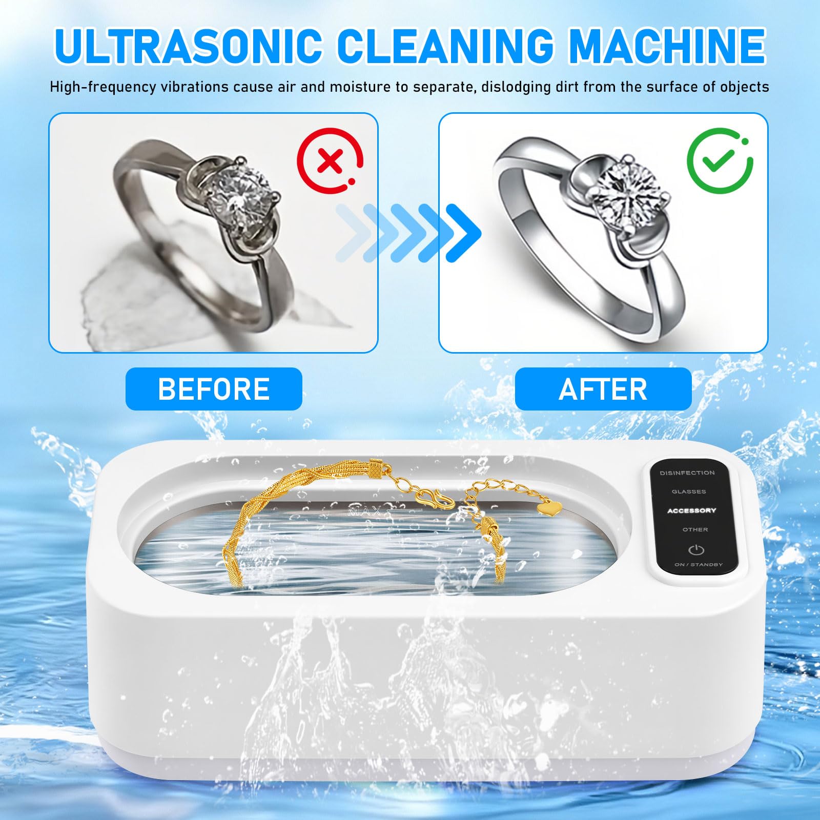 Ultrasoniczne urządzenie do czyszczenia okularów, 49000 Hz, 350 ml, ultradźwiękowe urządzenie do czyszczenia, 4 tryby, nadaje się do okularów, zegarków, biżuterii, protez dentystycznych