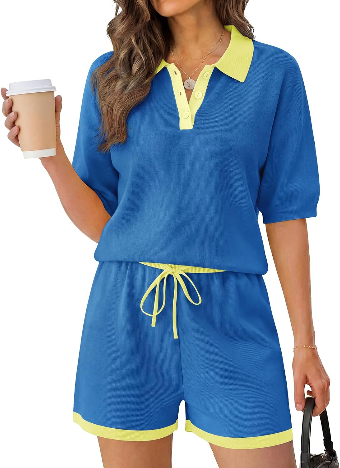 Tankaneo Womens 2 Piece Sweater Short Sets 2026 Summer Vacation Outfits Short Sleeve Knit Collared Tops Matching Lounge Set