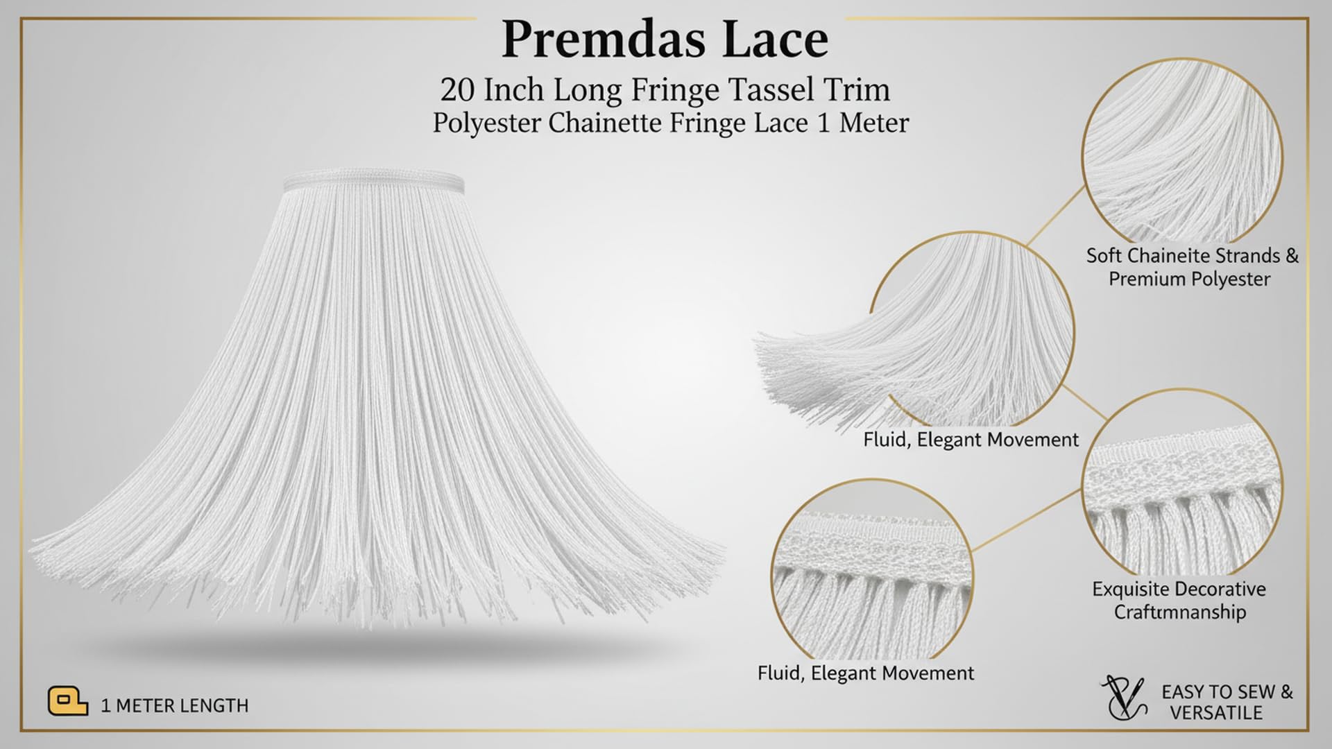 Premdas Lace 20 Inch Off White Long Fringe Tassel Trim Polyester Chainette Fringe Lace for Latin Dress Samba Dancewear Macrame Costume Decoration Sewing Craft | 1 Meter 2