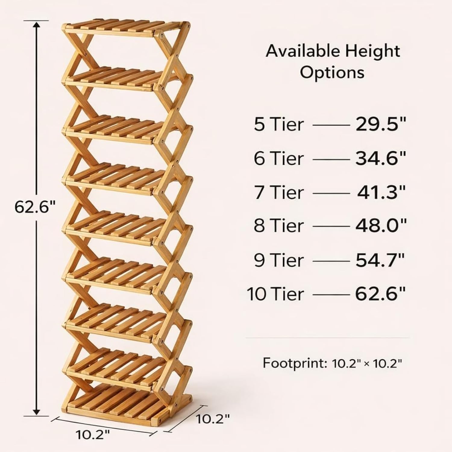 9-Tier Bamboo Shoe Rack, Foldable & Adjustable (2 to 9 Tiers), No-Tool Assembly in Seconds, Space-Saving Vertical Organizer for Entryway, Closet, Apartment - Holds 60 Pairs, Easy Clean (Nature,3 Tier)
