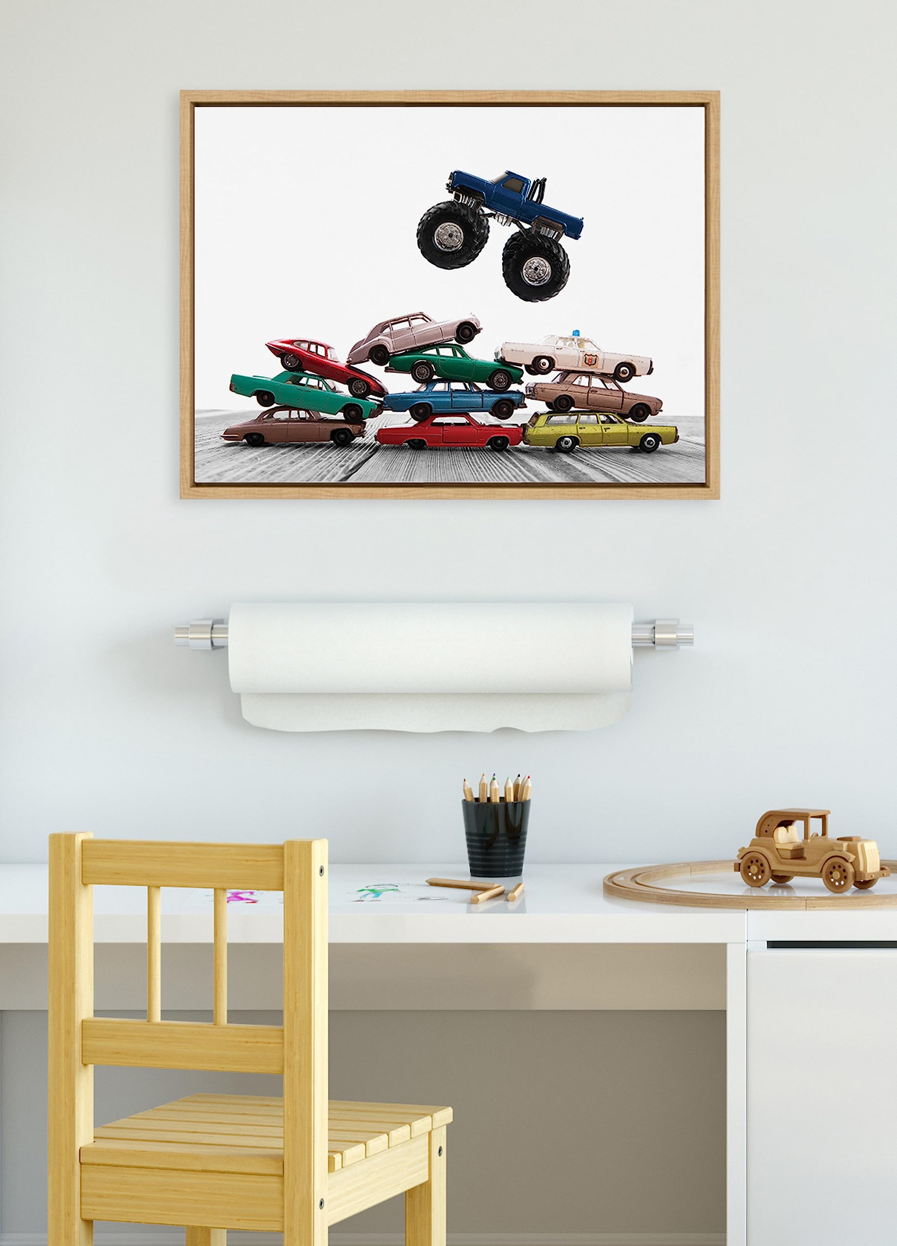 Kate and Laurel Sylvie Vintage Stacked Matchbox Cars and Monster Truck Framed Canvas Wall Art by Saint and Sailor Studios, 18x24 Natural, Modern Colorful Car Toys Art for Wall
