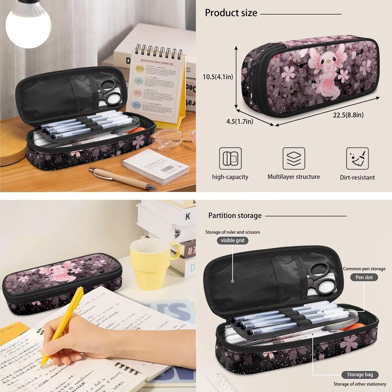 Ystardream Cherry Blossom Axolotl Backpack for School Girls Bookbag With Lunch Box Casual School Backpack for Teens Children with Keychain Elementary Middle School Student,Bookbags School Bag Set