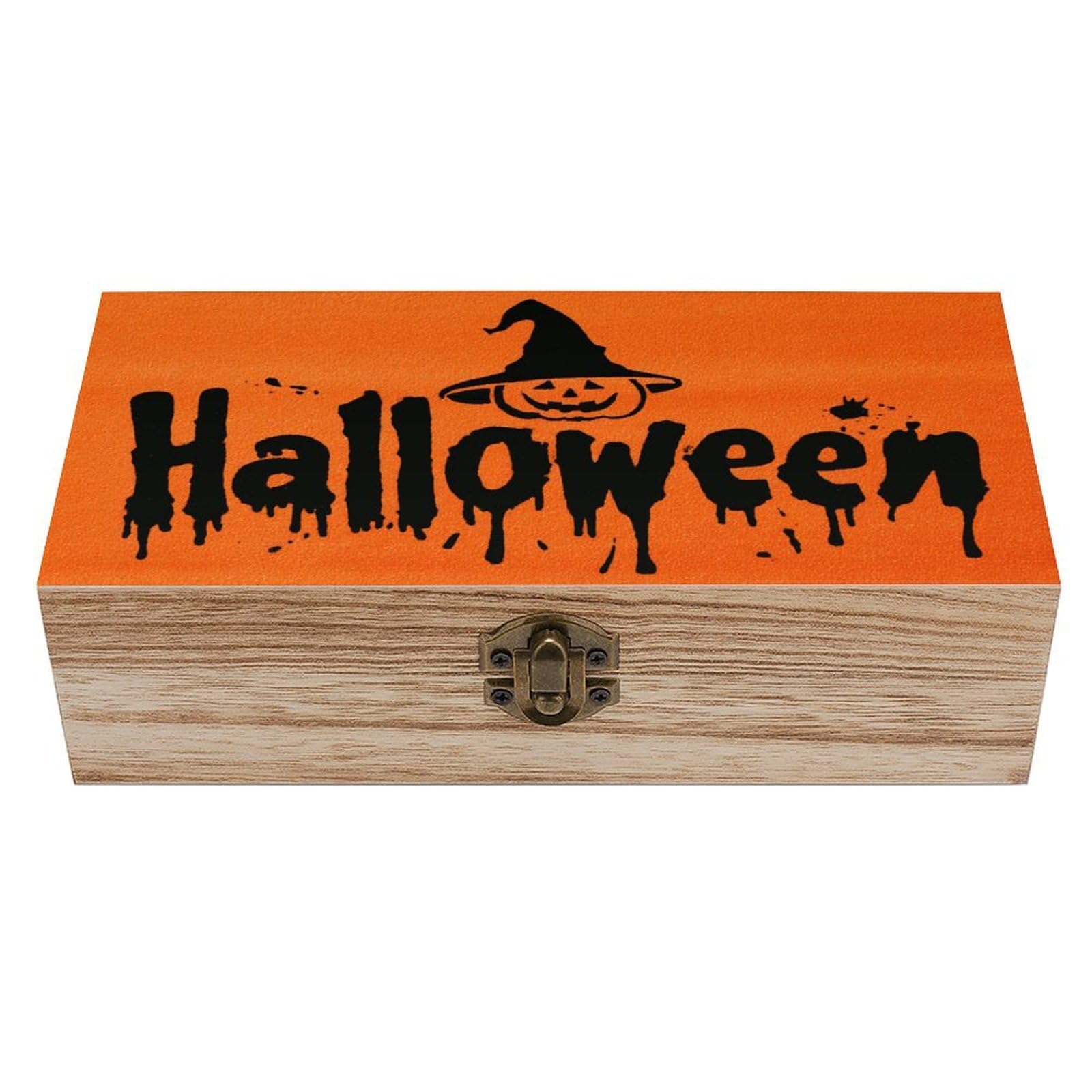 Ahdyr Halloween Pumpkins Witch Hat Wooden Storage Box with Hinged Lid And Front Clasp Large Keepsake Box