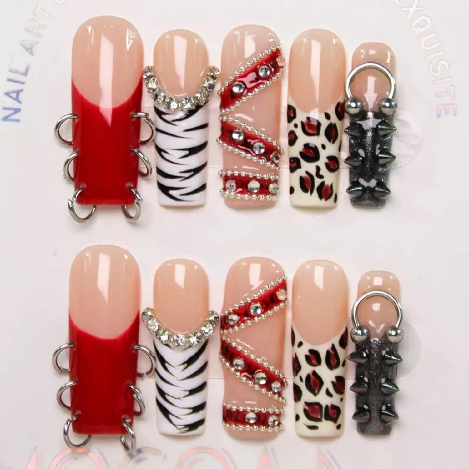 100% 5D Handmade Press on Nails with Charms Long Square Nails Press ons- Red French Tips False Nails Rhinestone Brown Leopard Fall Press on Nails for Women Girls Daily Wear DIY Manicure Size M