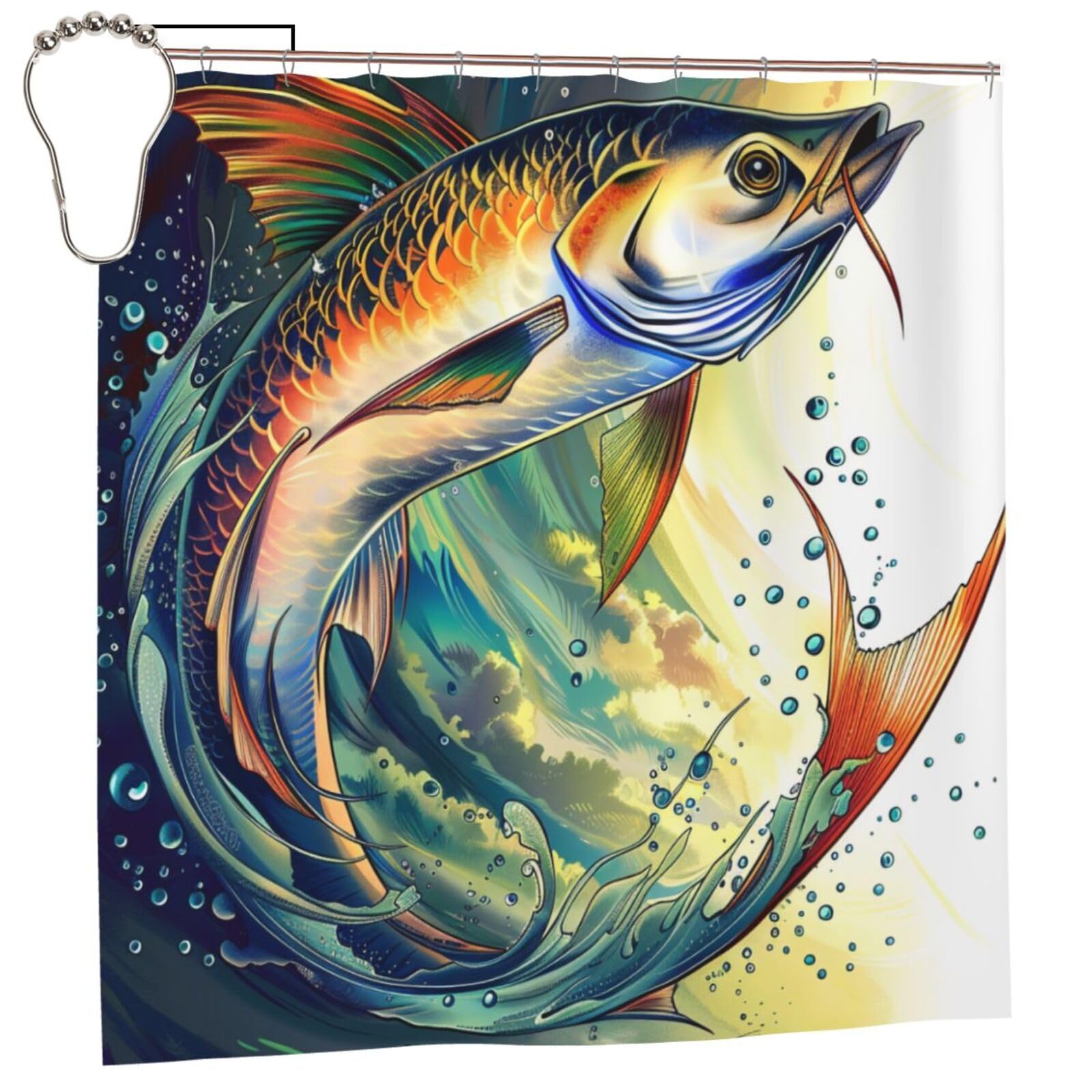 BWWHCCTI Fish art Printed Shower Curtain With 12 Iron Hooks Opaque Quick Drying Waterproof Shower Curtains Sets For Bathroom 183x183 CM