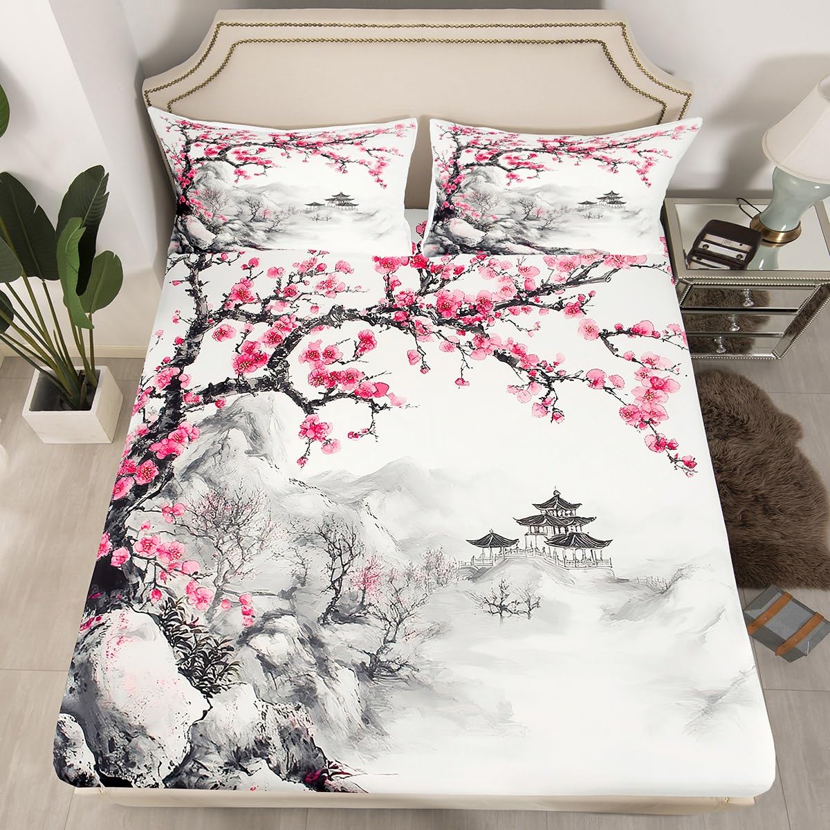 Erosebridal Japanese Flower Fitted Sheet Queen Cherry Blossom Bed Sheets Pink Floral Bedding Set for Kids Girls Teen Women,Ink Painting Fitted Bed Sheet Room Decor 3 Pcs