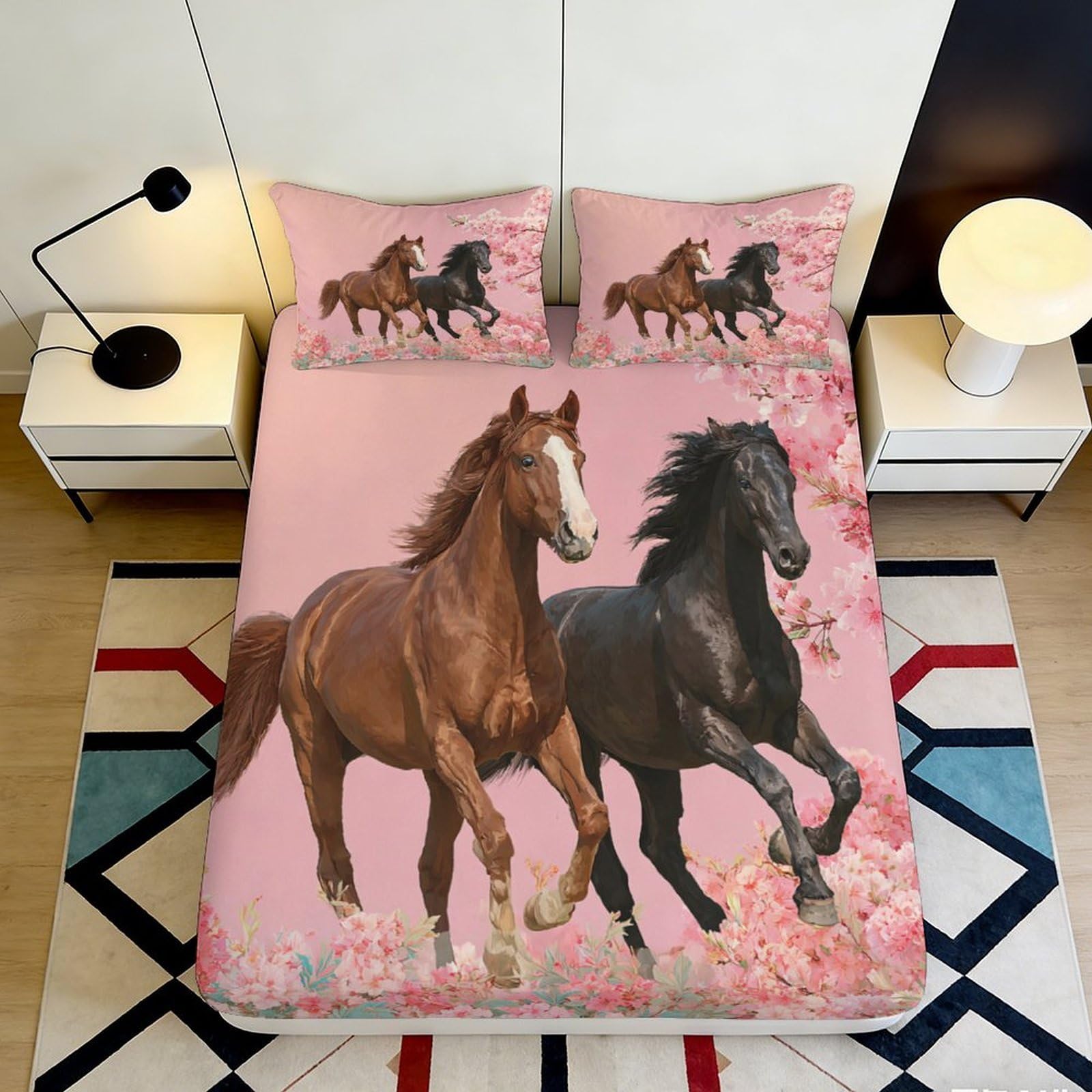 3D Printed Galloping Horse Fitted Sheet Microfiber Deep Pocket Bedroom Bedding Equestrian Mattress Fitted Cover Non-Slip Washable 90x200x25cm 90x200x25cm