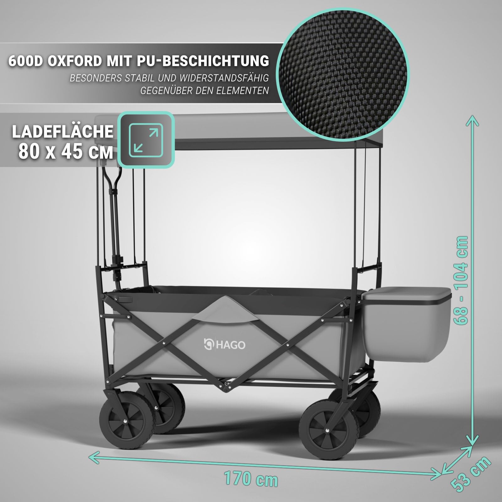 HAGO Carrello pieghevole | grigio | robusto | adatto ai bambini | tettuccio parasole | versatile | outdoor | festa del papà | leggero | grande spazio