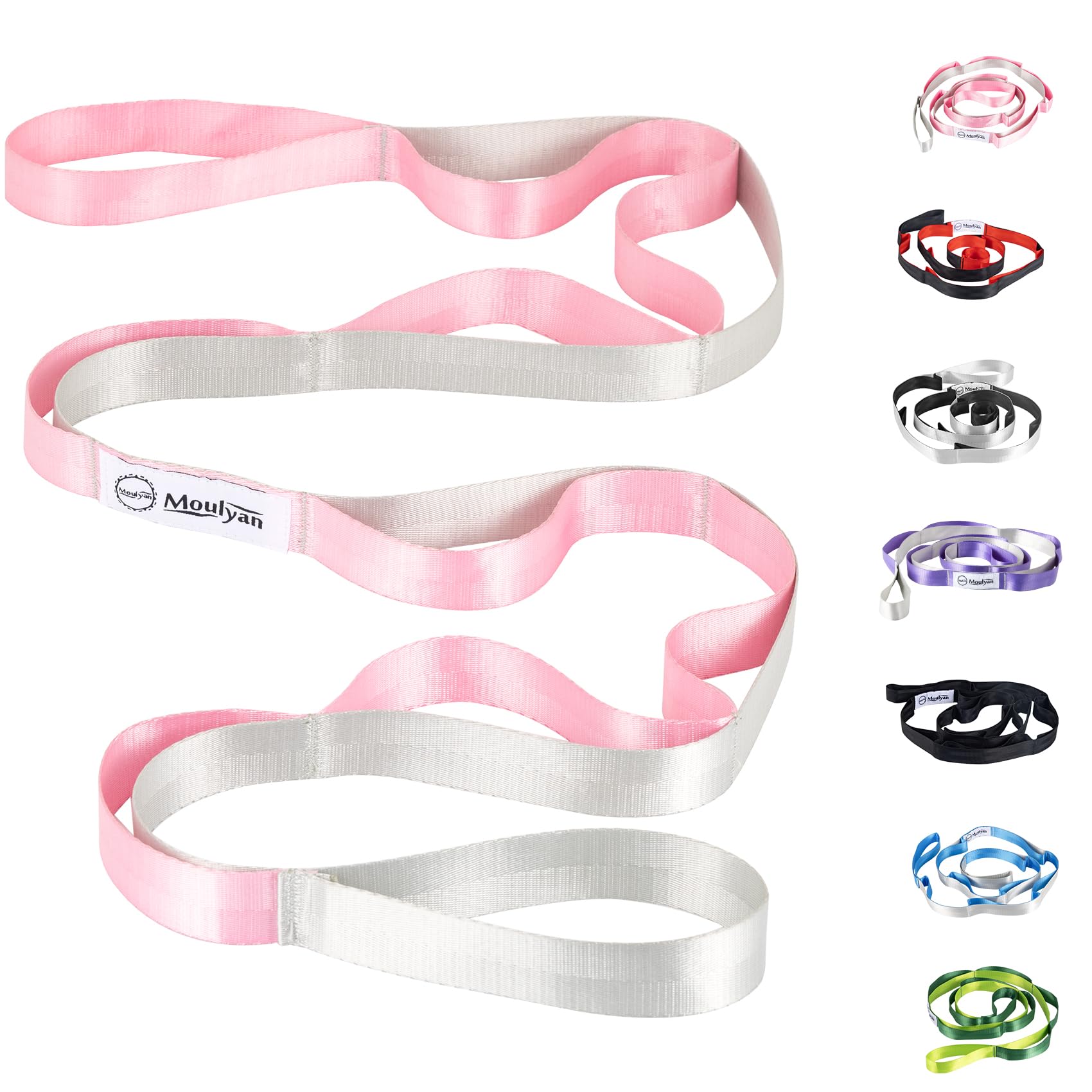 Stretching Strap Yoga Strap for Physical Therapy,10 Loops Yoga Straps for Stretching,Non-Elastic Stretch Strap for Pilates, Flexibility, Exercise, Stretch Band Women Men (Pink&Silver)