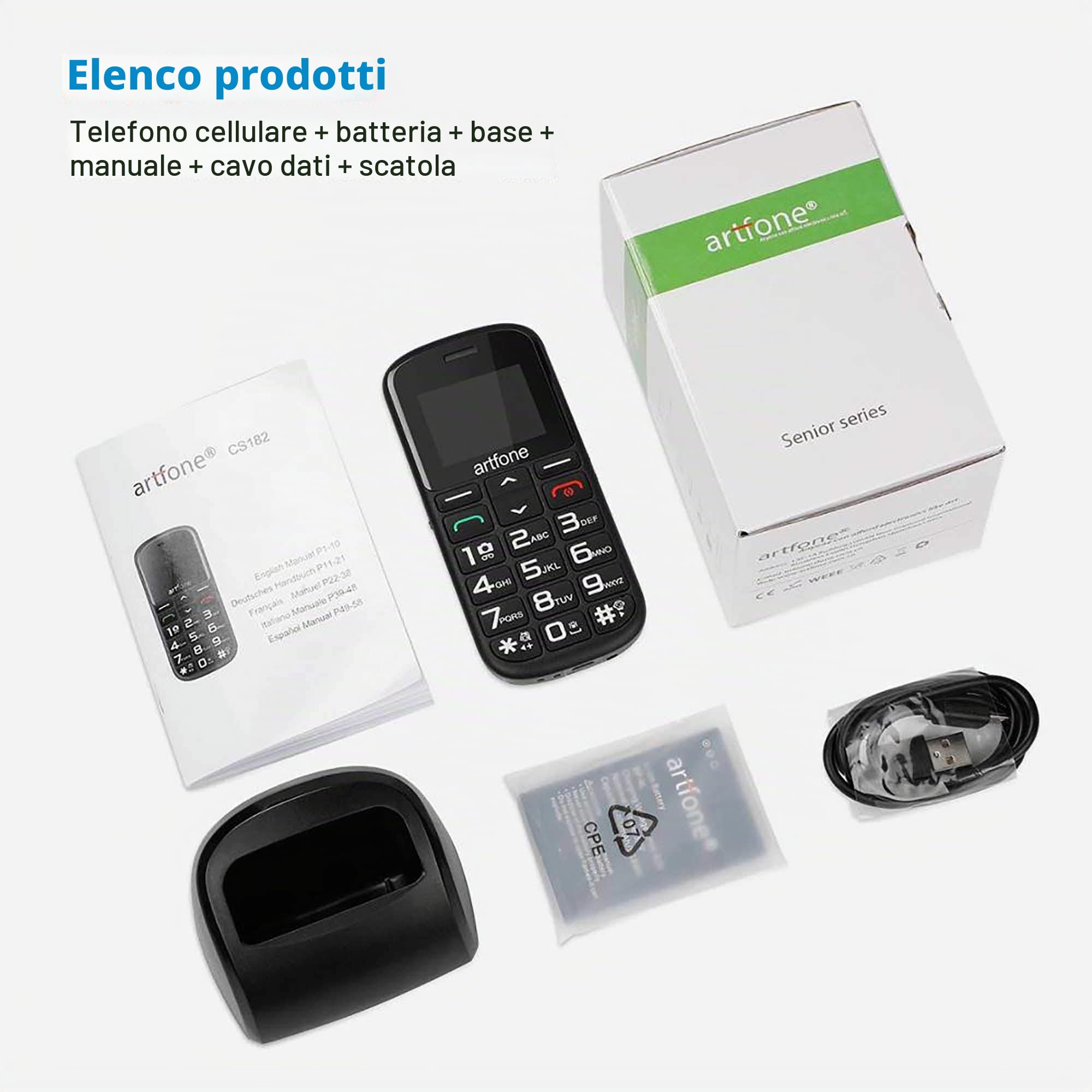 ARTFONE CS182 Telefono Anziani Tasti Grandi | Base ricarica | Funzione SOS