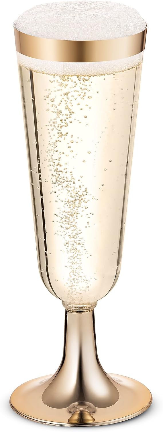BloominGoods 50 Plastic Gold Rimmed Champagne Flutes | 5.5 oz. Clear Hard Disposable Party & Wedding Glass | Premium Heavy Duty Fancy Cup (50-Pack)