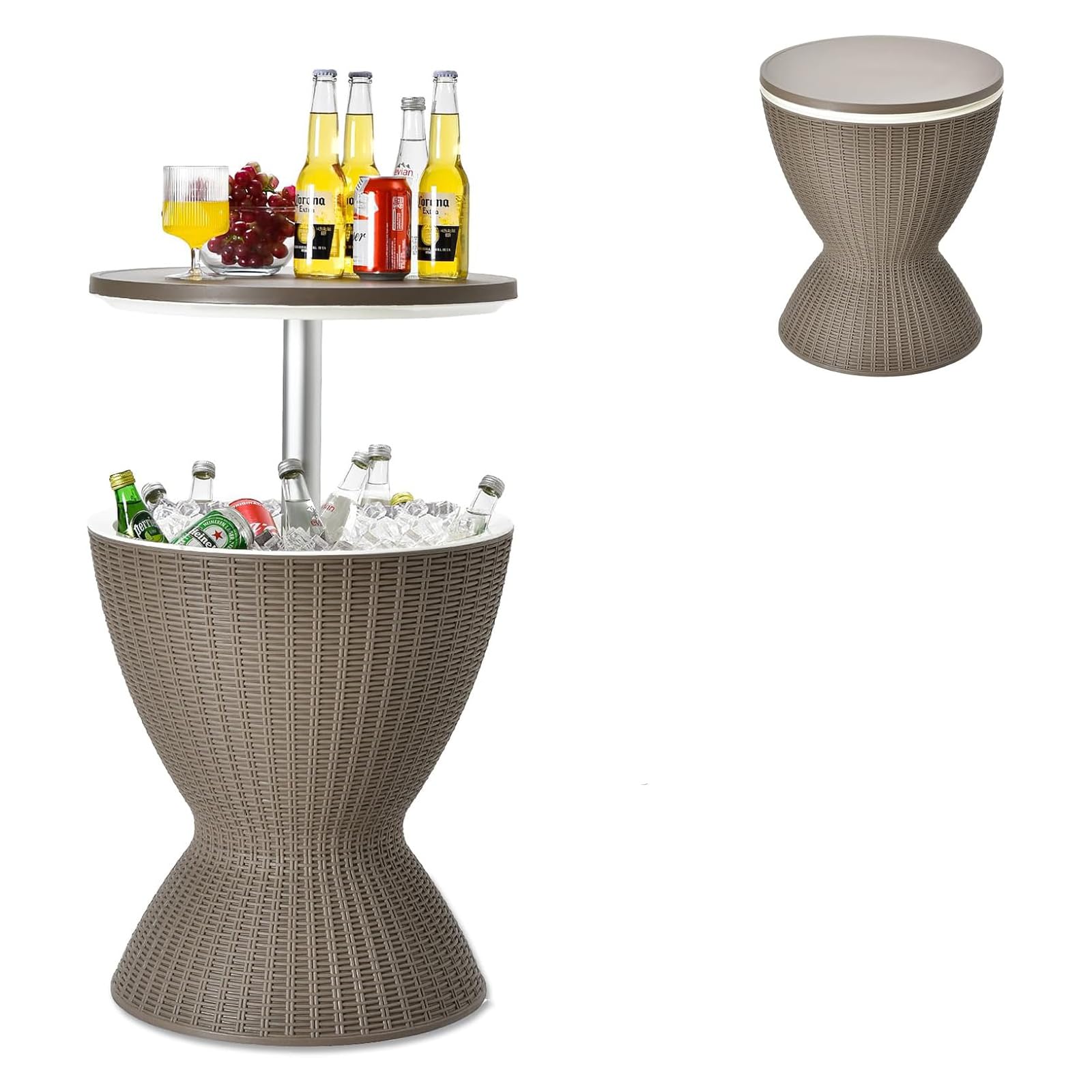 GYMAX Cool Bar 30L, 3-in-1 Beistelltisch mit ausziehbarer Tischplatte für Getränke & Snacks, Getränkekühler in Rattan-Optik, Bier- & Weinkühler für Garten, Terrasse & Balkon (Braun)