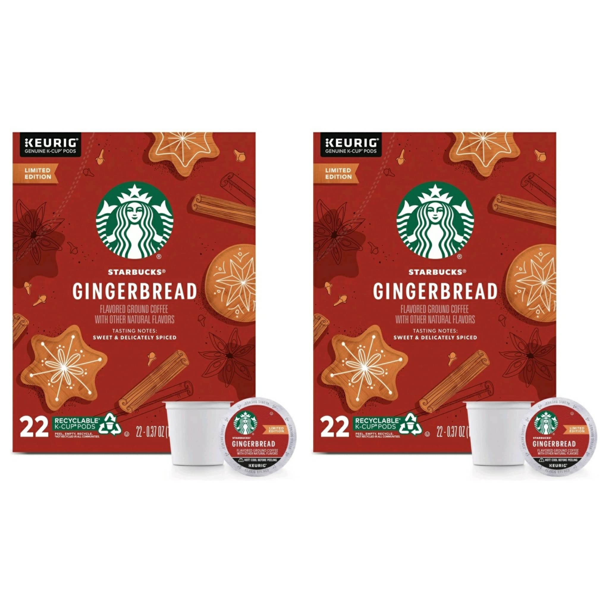 Starbucks Gingerbread Coffee Seasonal Limited Edition Christmas K Cups - Pack of 2 Boxes - 22 K Cups