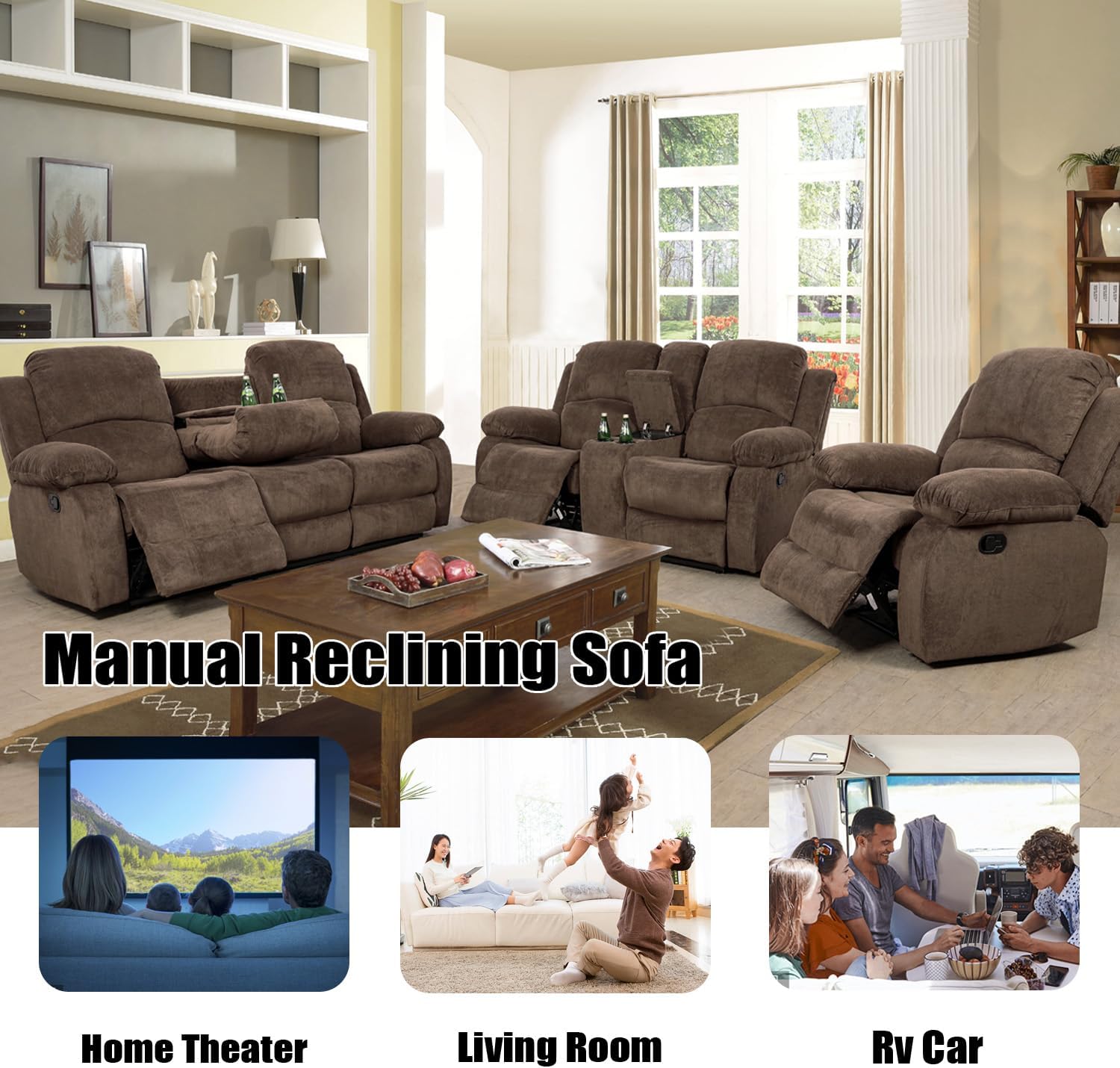 Manual Recliner Chair for Adults, Single Reclining Sofa for Living Room/Office/Lounge/Club/Rv Car（Brown Velvet，Recliner Chair）