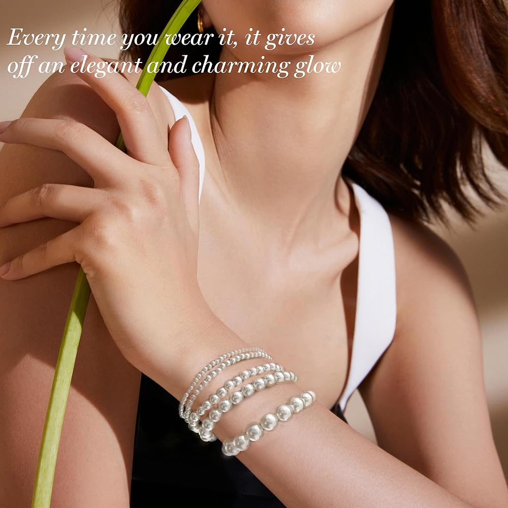 4-Piece Pearl Bracelet Stack For Women – Stretch Imitation Pearl Bracelets, Stackable & Dainty Jewelry For Bridesmaids, White