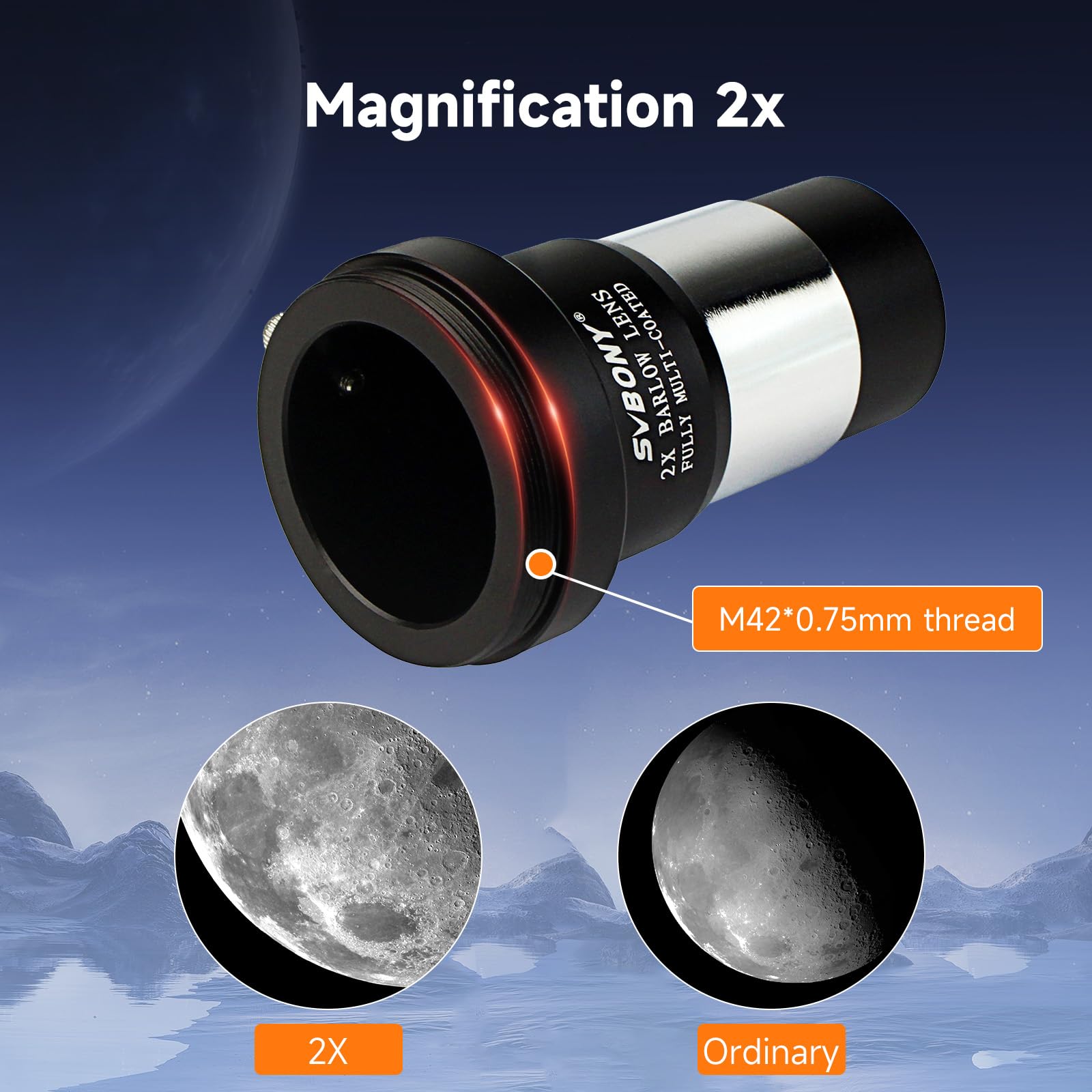 Svbony Oculaire de télescope 40 mm, oculaire Plossl 40 degrés FMC avec filtre et lentille de Barlow 2 x filetage pour l'observation planétaire de la lune