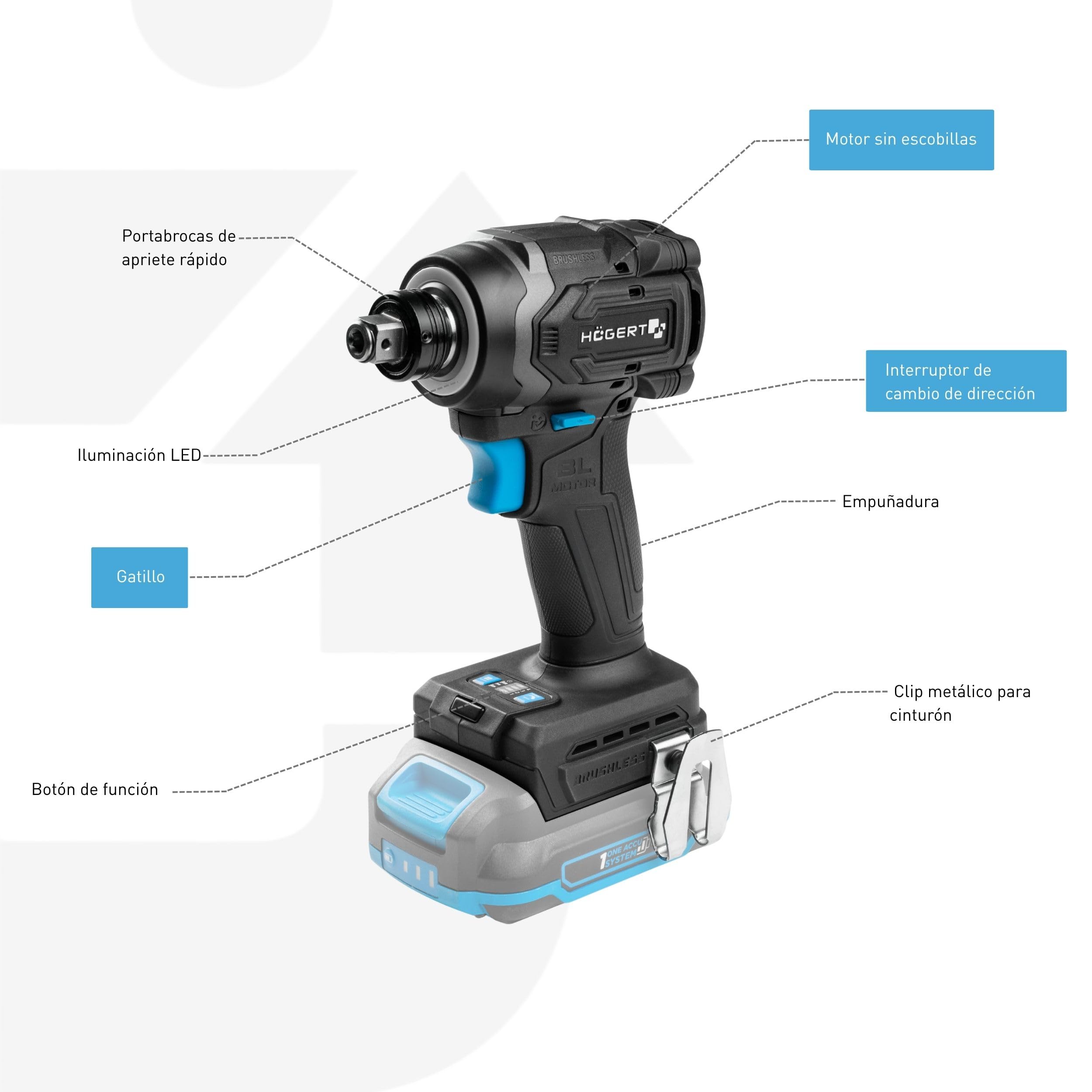 Högert Technik Llave de Impacto a Batería 18V OneAccuSystem, motor sin escobillas, 230 Nm, atornillador de impacto 2 en 1, 1/4" HEX y 1/2" cuadradillo, para taller y montaje, sin batería