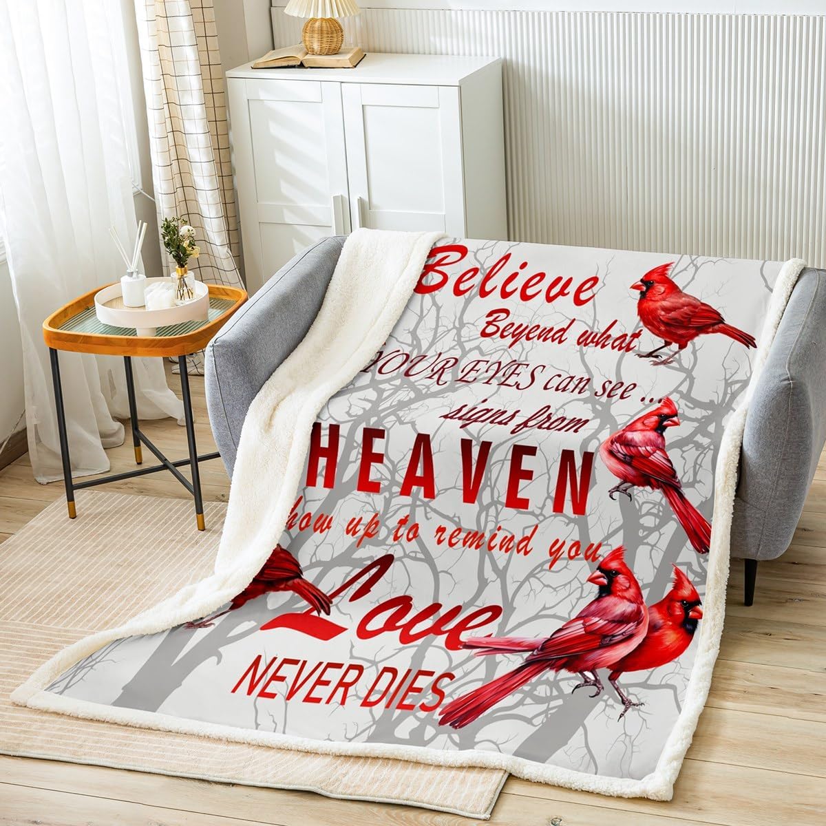 Feelyou Cardinal Bird Sherpa Throw Blanket Farmhouse Red Birds Fleece Blanket for Girls Boys Women Men Bedroom Tree Branches Decor Plush Blanket Nature Theme Fuzzy Blanket Twin 60"x80"