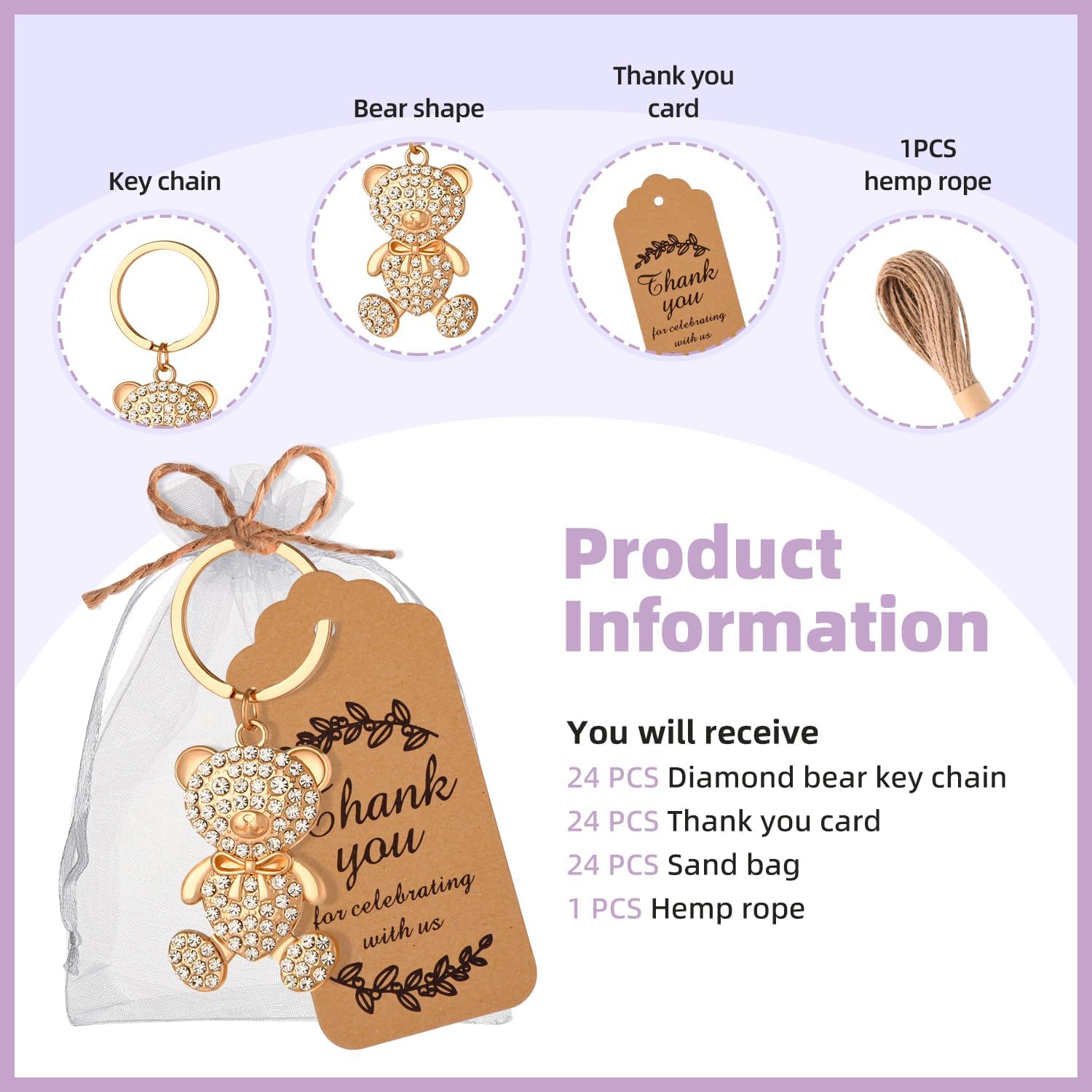 24Pcs Diamond Small Bear Keychain Baby Shower Party Favors for Guests